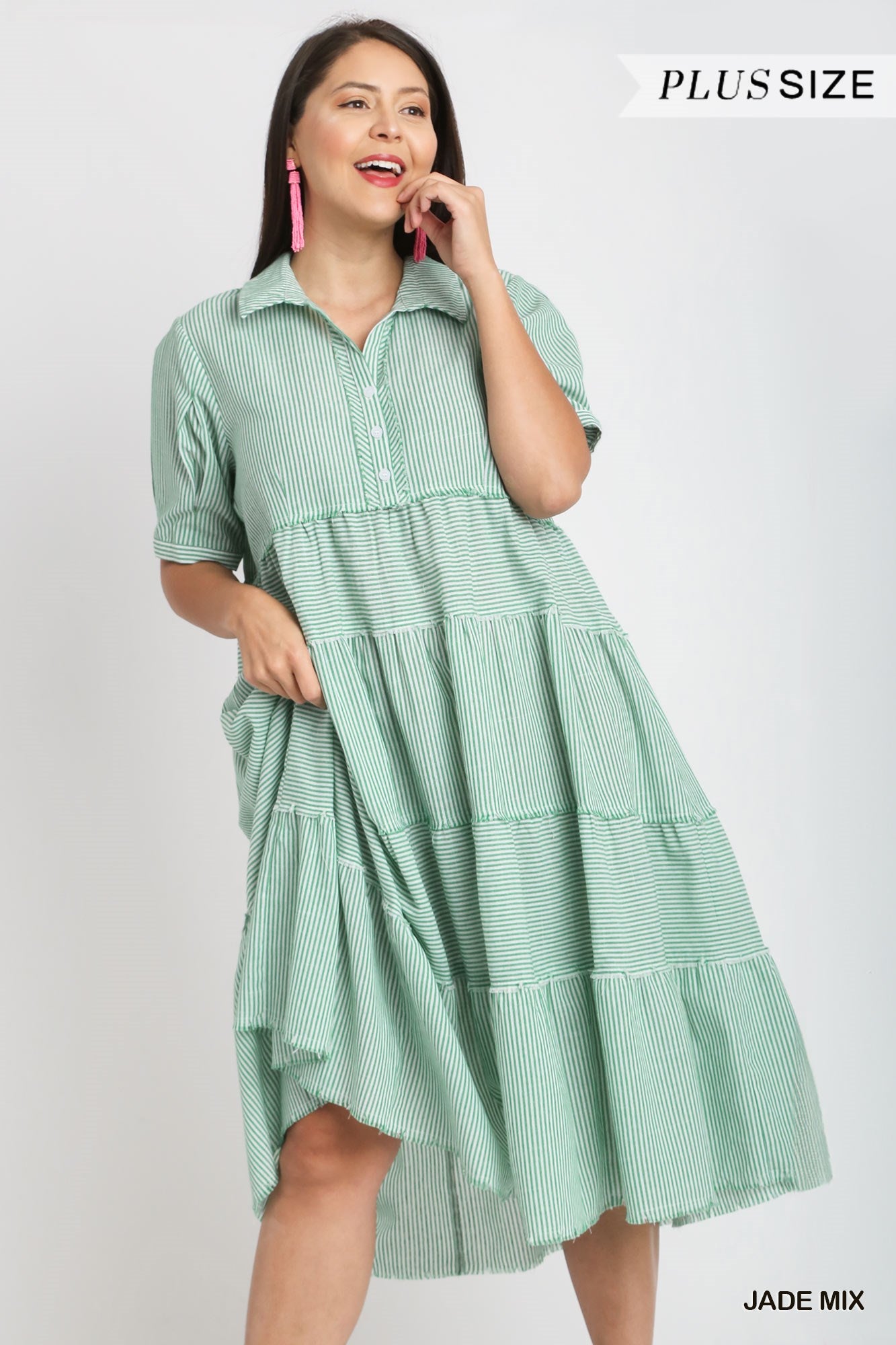 Umgee Plus Stripe Tiered A-Line Short Balloon Sleeve Fray Maxi Dress