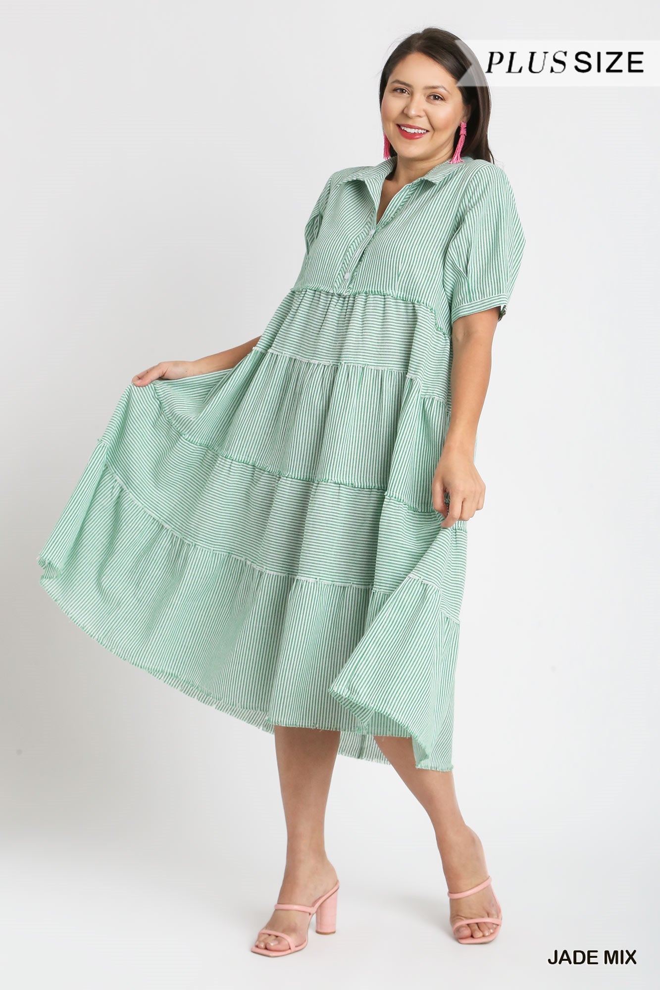 Umgee Plus Stripe Tiered A-Line Short Balloon Sleeve Fray Maxi Dress