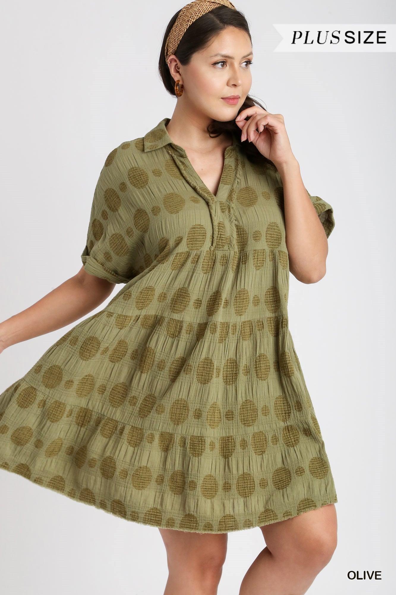 Umgee Plus Swiss Dot Jacquard Tiered Short Sleeve Collared Dress