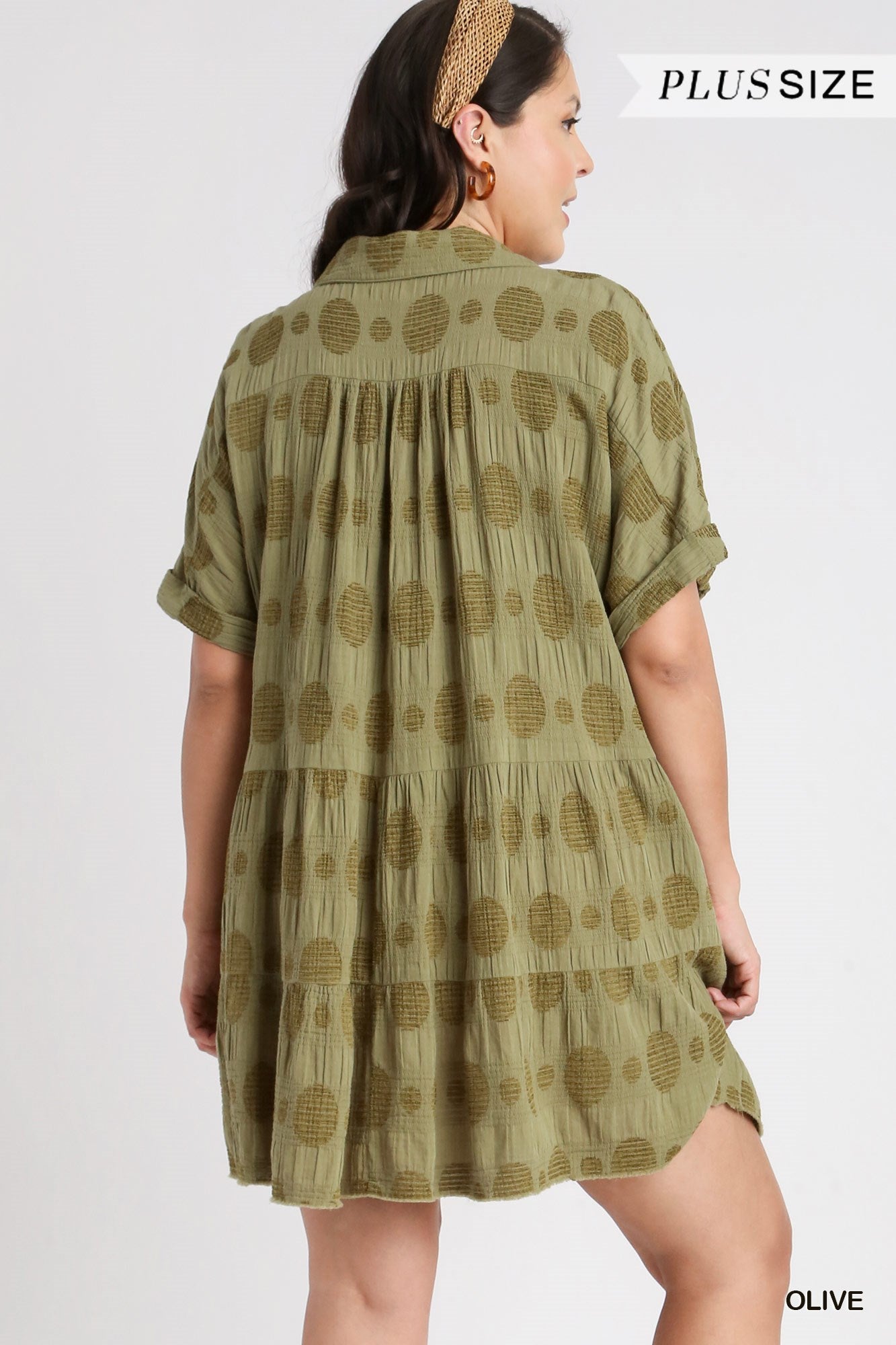 Umgee Plus Swiss Dot Jacquard Tiered Short Sleeve Collared Dress