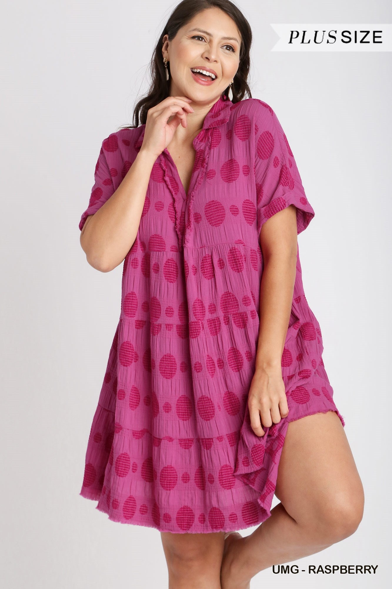Umgee Plus Swiss Dot Jacquard Tiered Short Sleeve Collared Dress