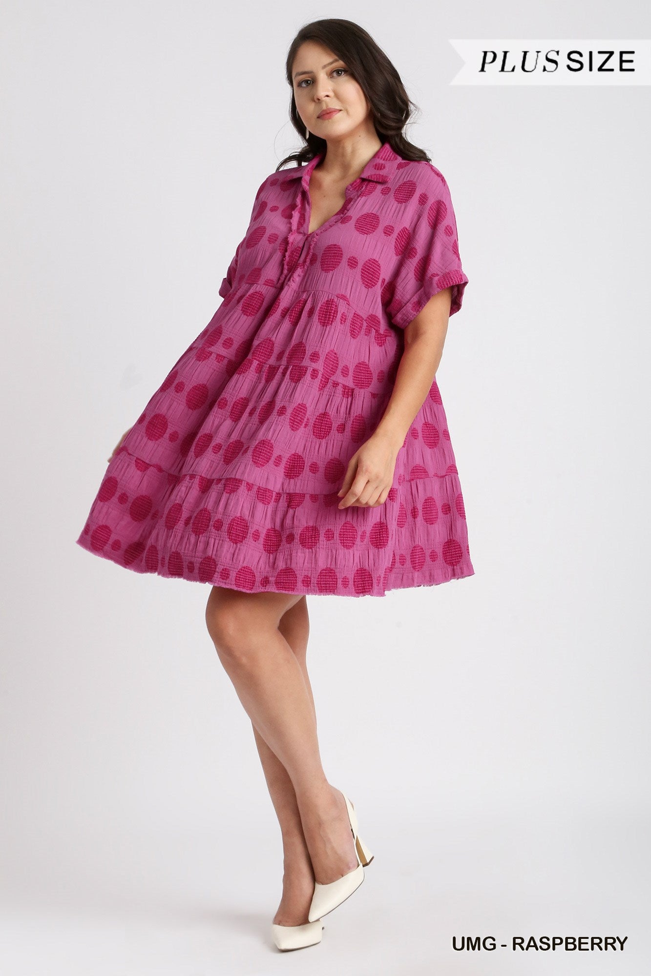 Umgee Plus Swiss Dot Jacquard Tiered Short Sleeve Collared Dress