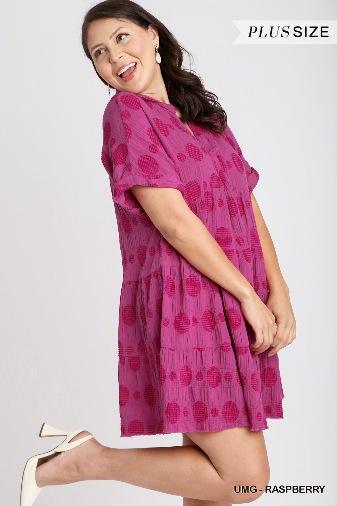 Umgee Plus Swiss Dot Jacquard Tiered Short Sleeve Collared Dress