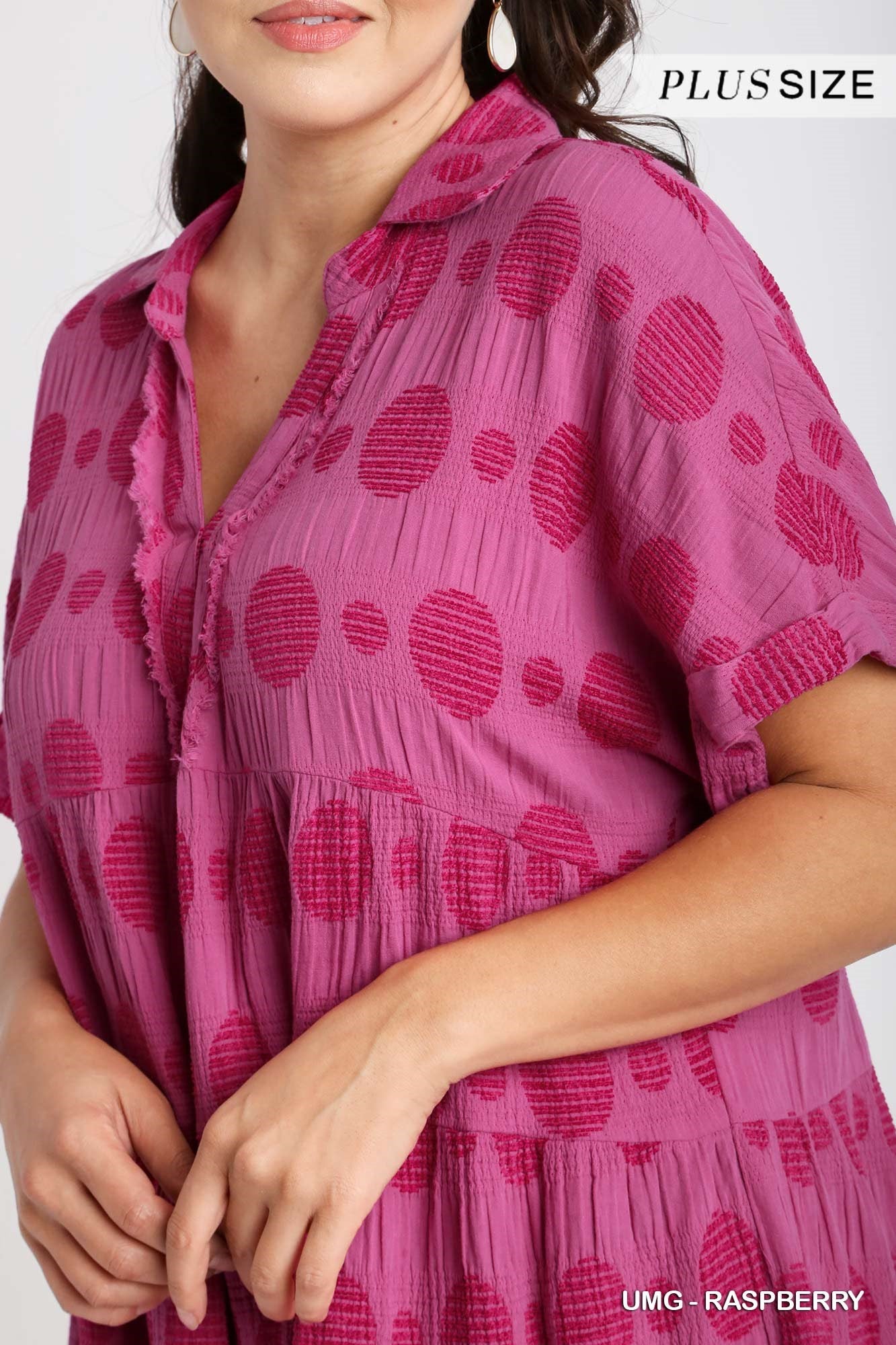 Umgee Plus Swiss Dot Jacquard Tiered Short Sleeve Collared Dress