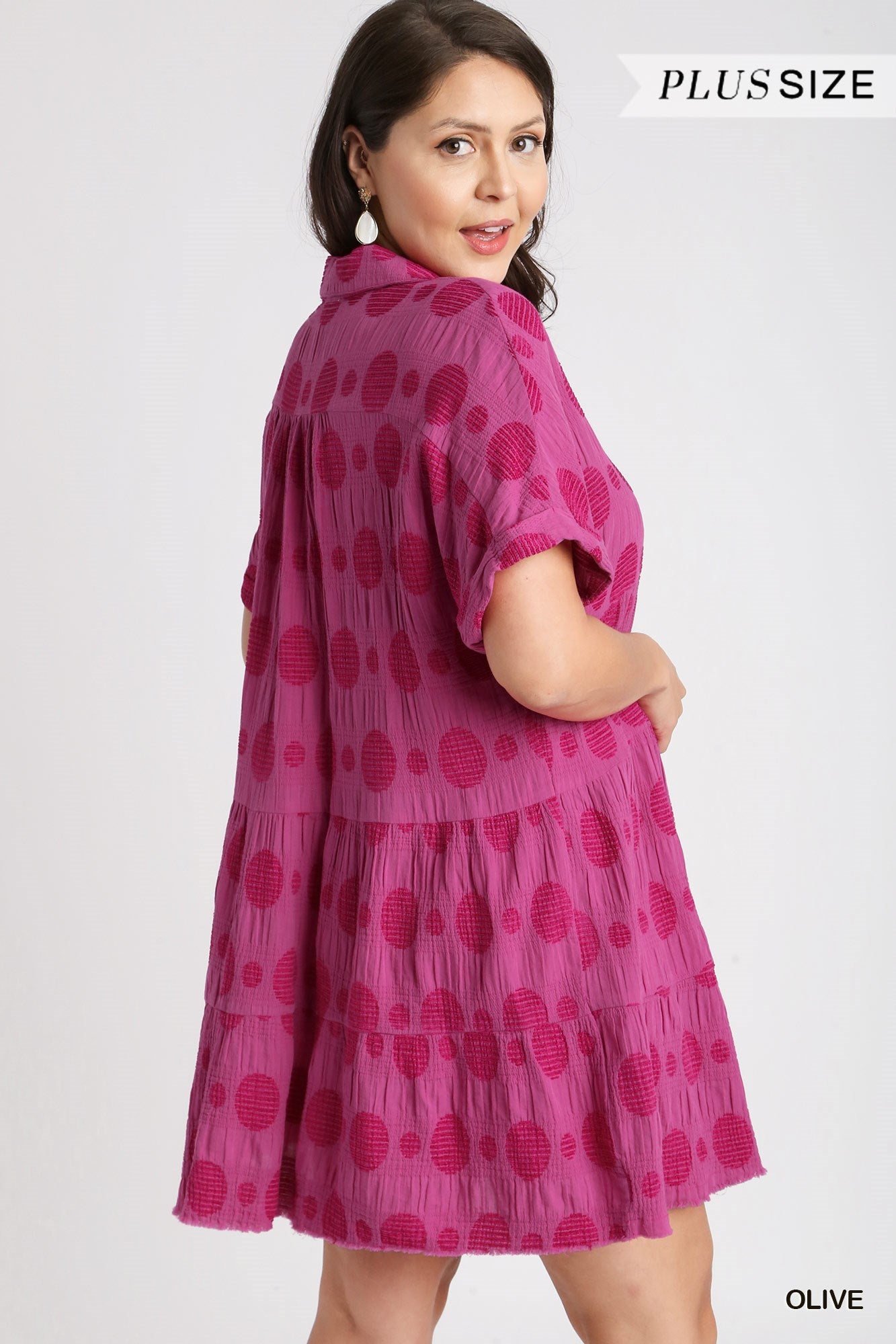 Umgee Plus Swiss Dot Jacquard Tiered Short Sleeve Collared Dress