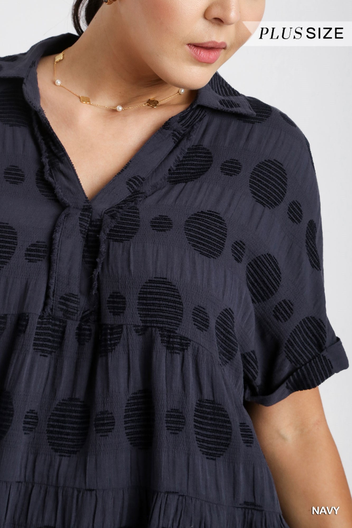 Umgee Plus Swiss Dot Jacquard Tiered Short Sleeve Collared Dress