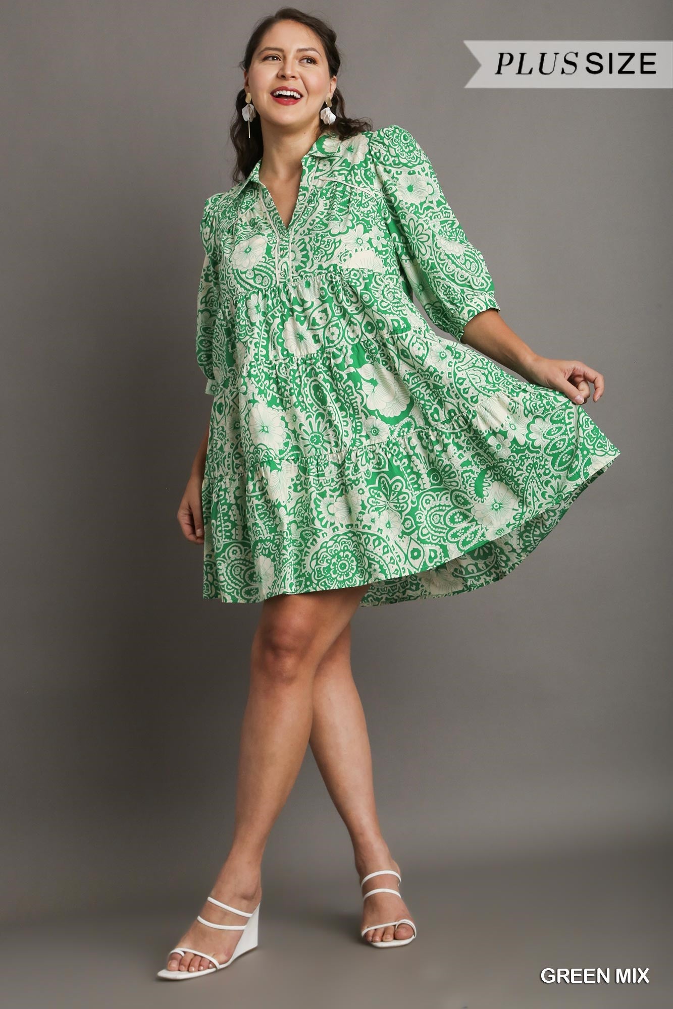 Umgee Plus Two Tone Print A-Line Tiered Sleeve Piping Dress