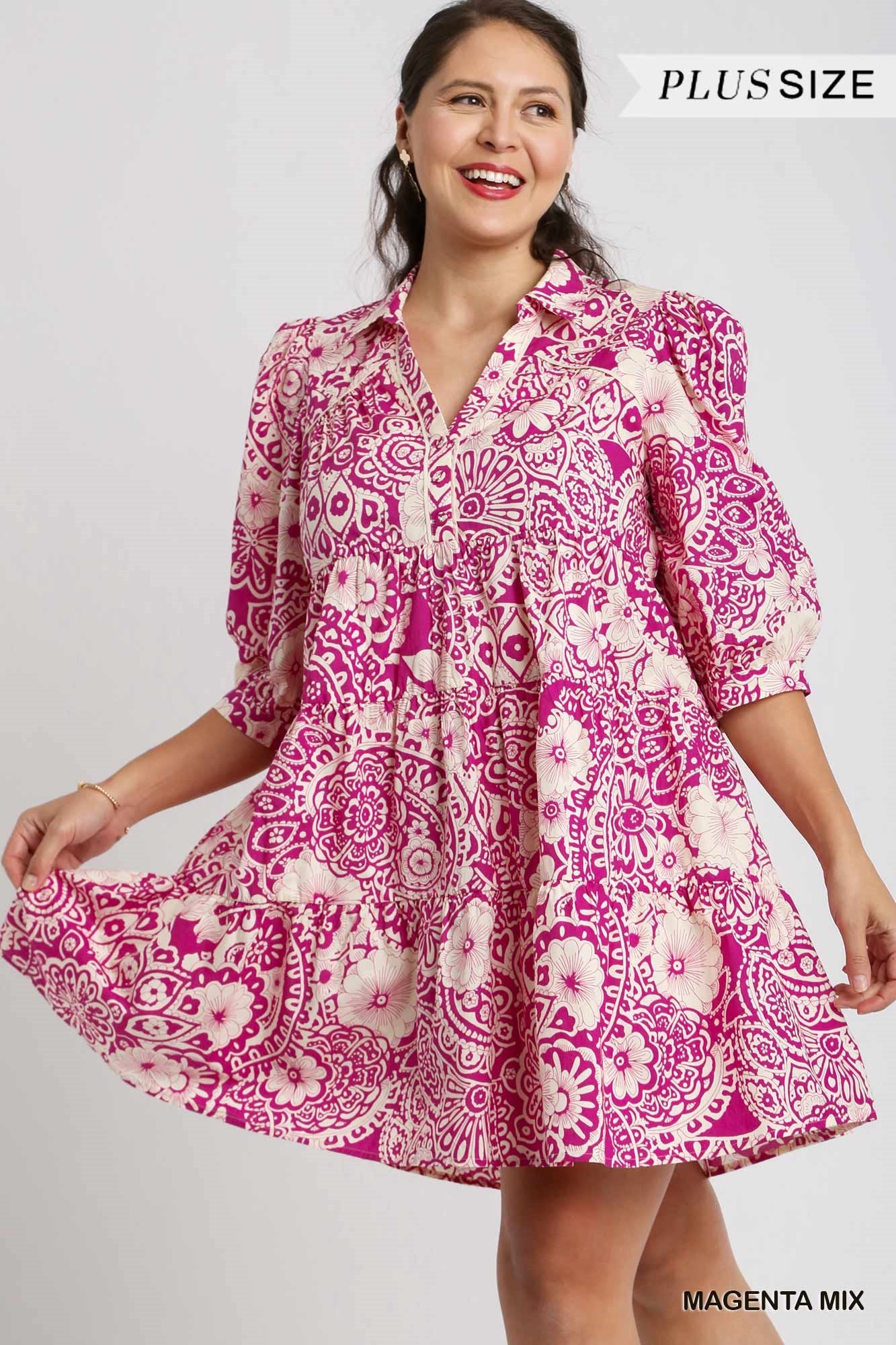 Umgee Plus Two Tone Print A-Line Tiered Sleeve Piping Dress