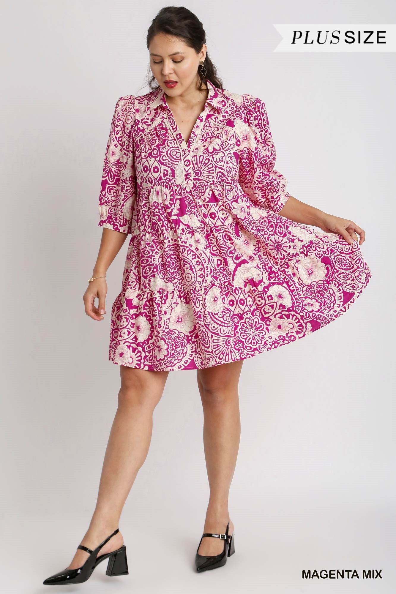 Umgee Plus Two Tone Print A-Line Tiered Sleeve Piping Dress