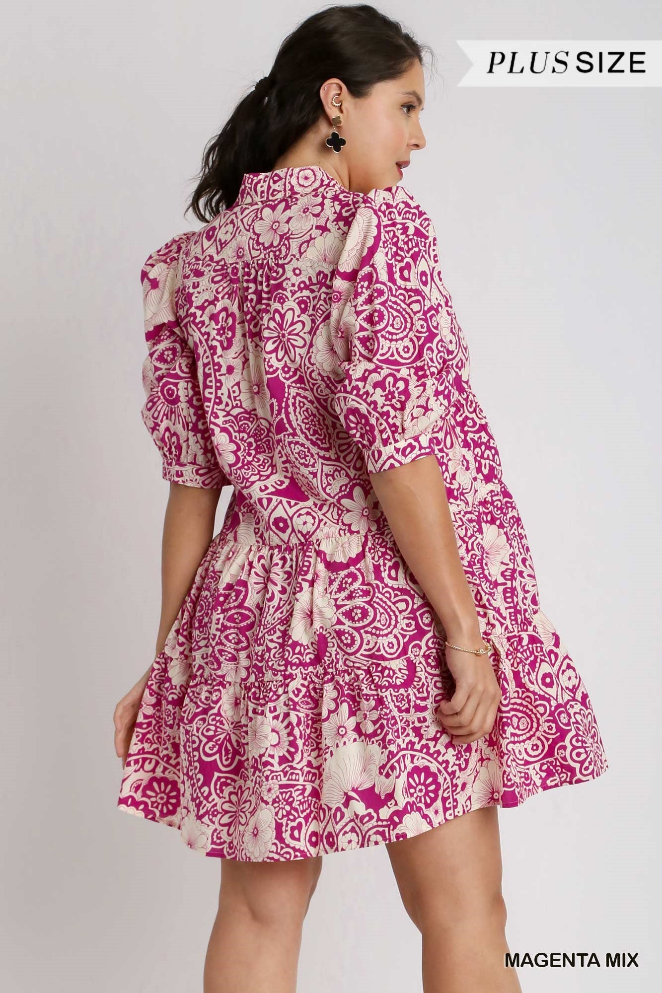 Umgee Plus Two Tone Print A-Line Tiered Sleeve Piping Dress