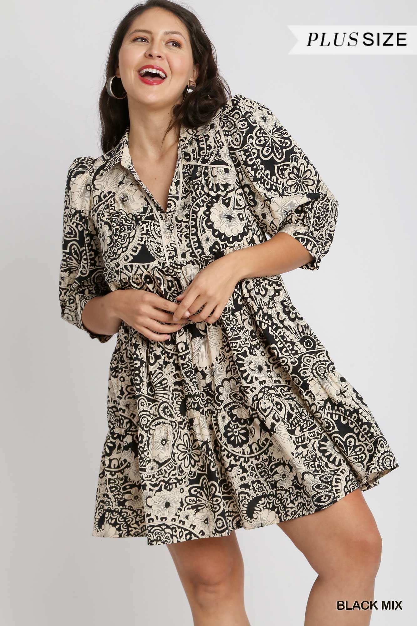Umgee Plus Two Tone Print A-Line Tiered Sleeve Piping Dress