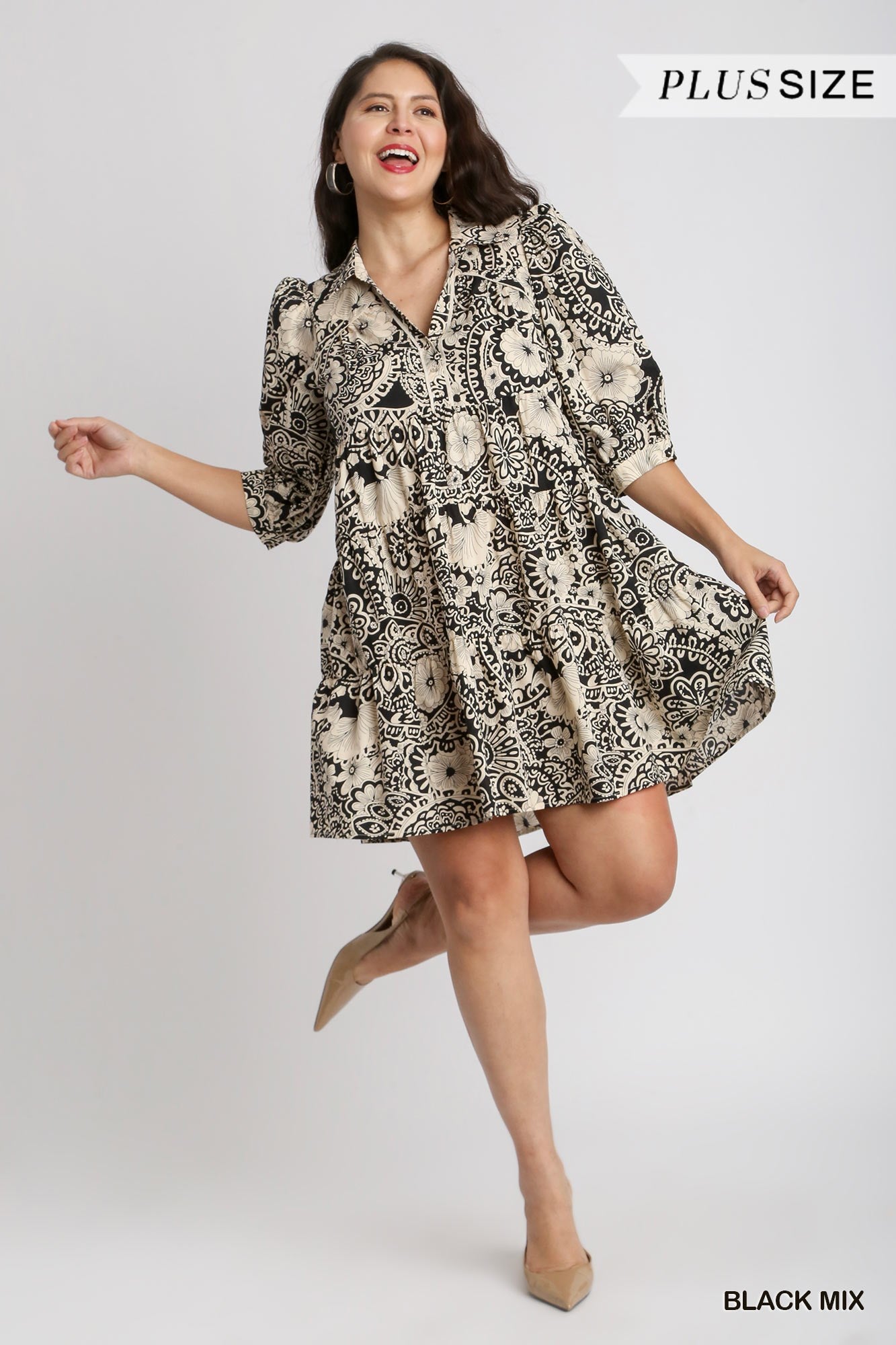 Umgee Plus Two Tone Print A-Line Tiered Sleeve Piping Dress