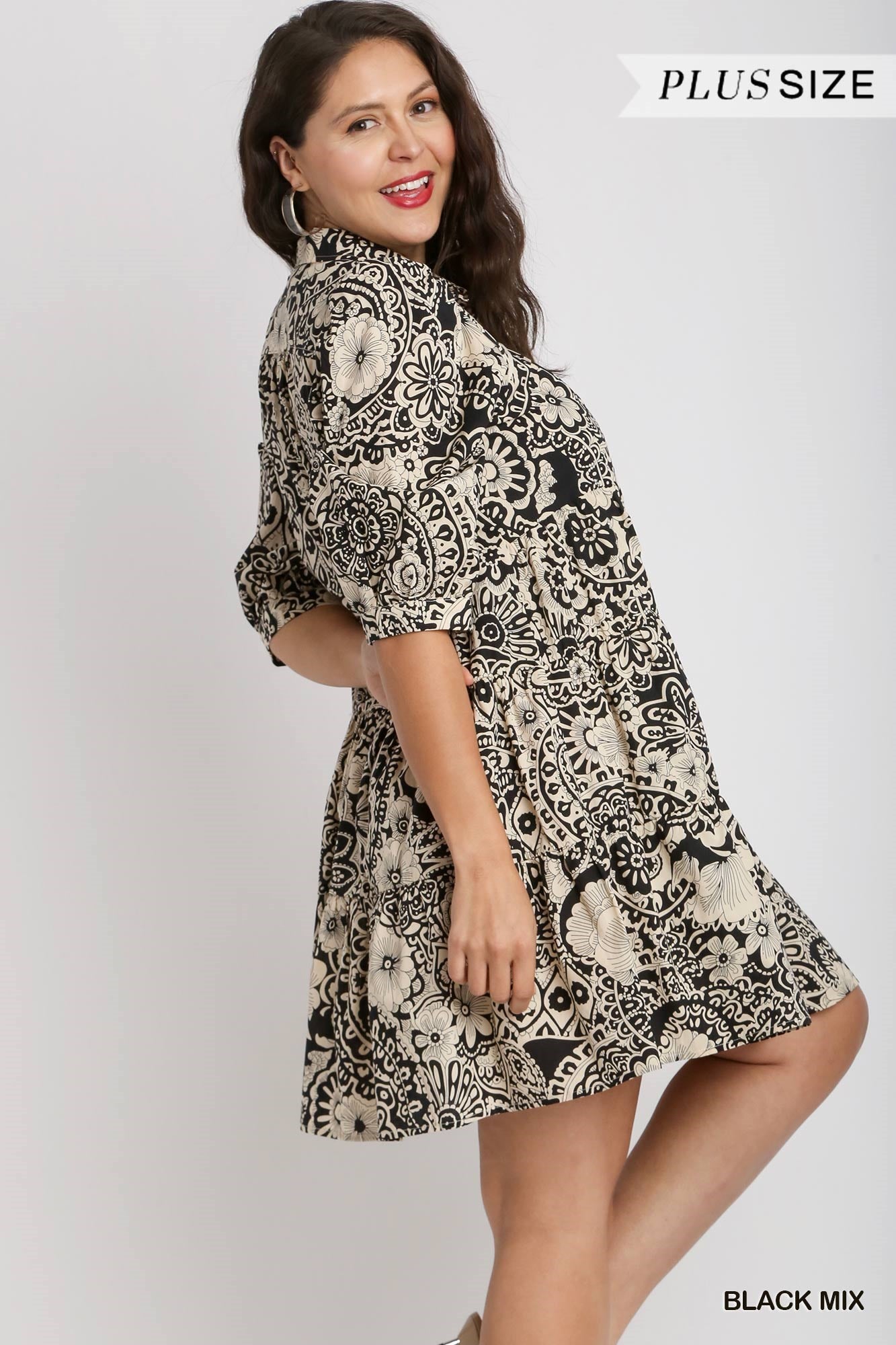 Umgee Plus Two Tone Print A-Line Tiered Sleeve Piping Dress