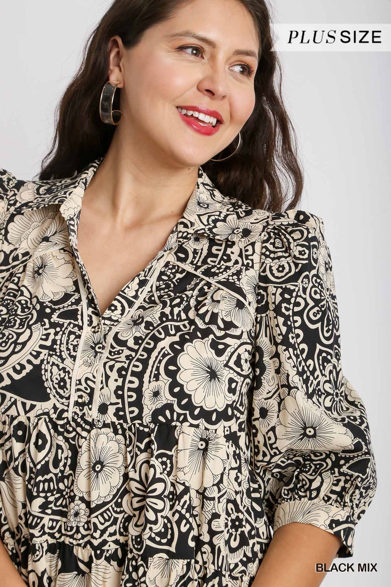 Umgee Plus Two Tone Print A-Line Tiered Sleeve Piping Dress