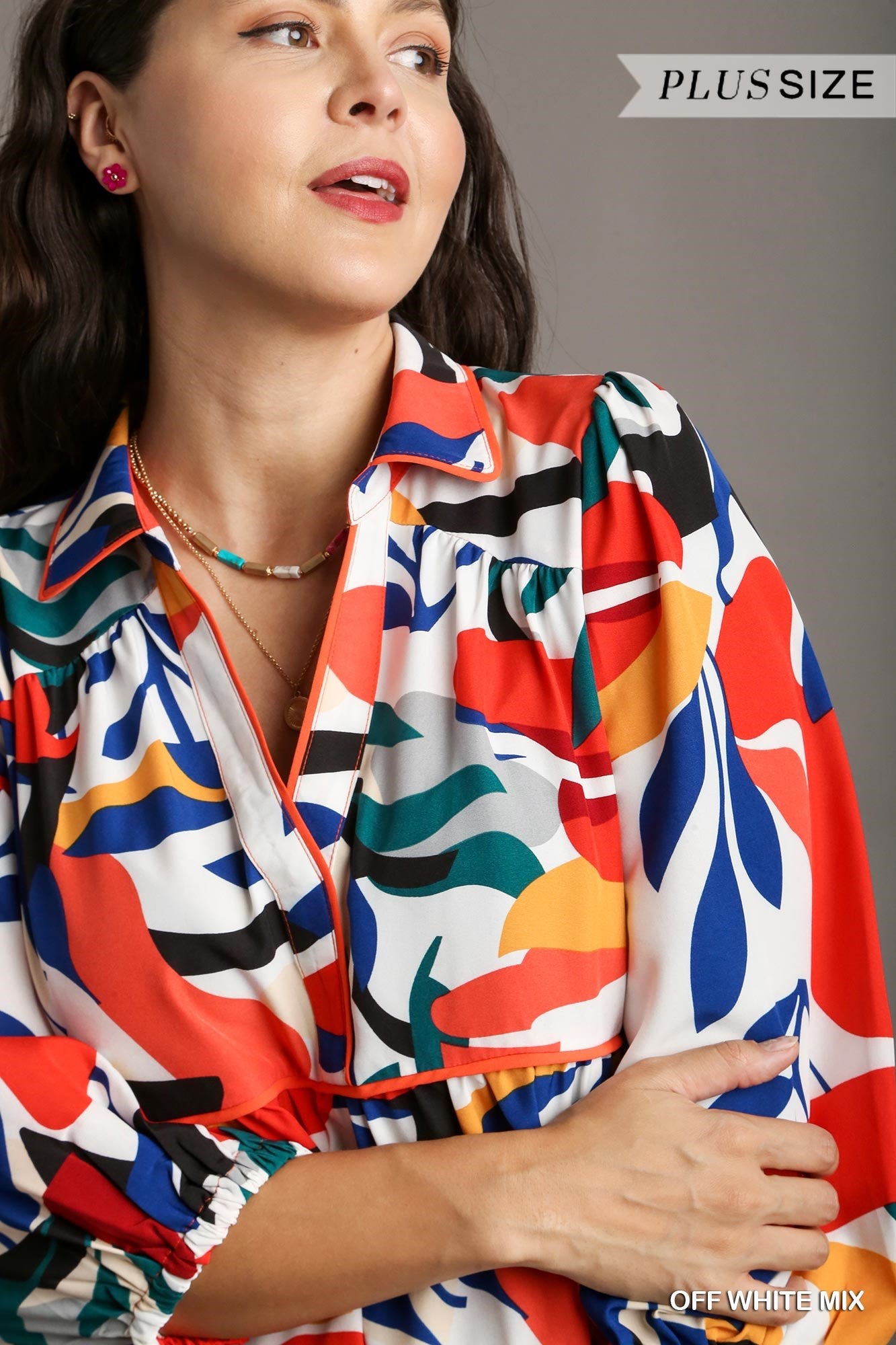 Umgee Plus Abstract Print Collared Contrast Piping Tiered Dress