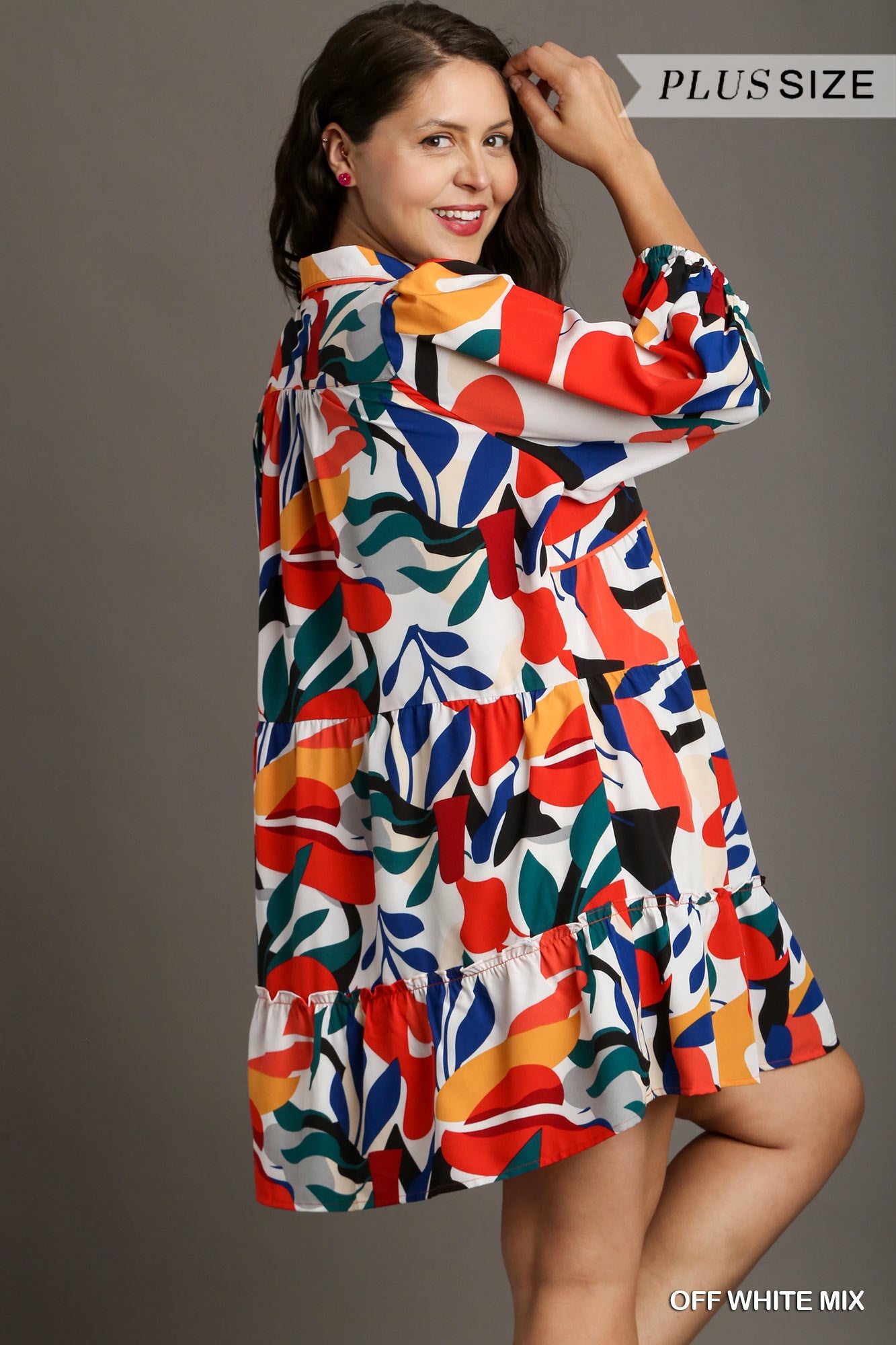 Umgee Plus Abstract Print Collared Contrast Piping Tiered Dress