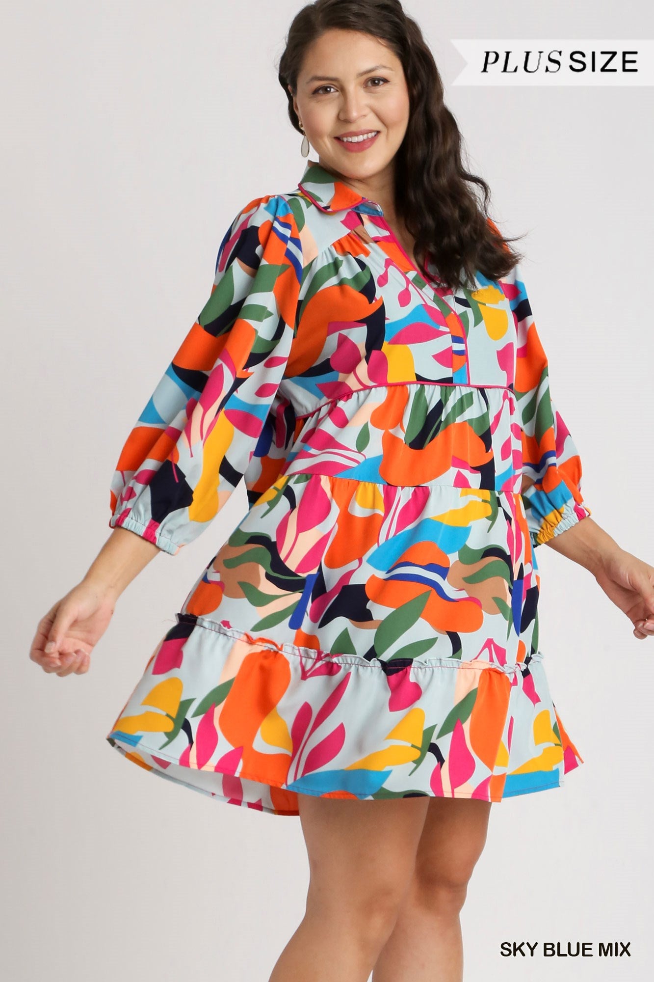 Umgee Plus Abstract Print Collared Contrast Piping Tiered Dress