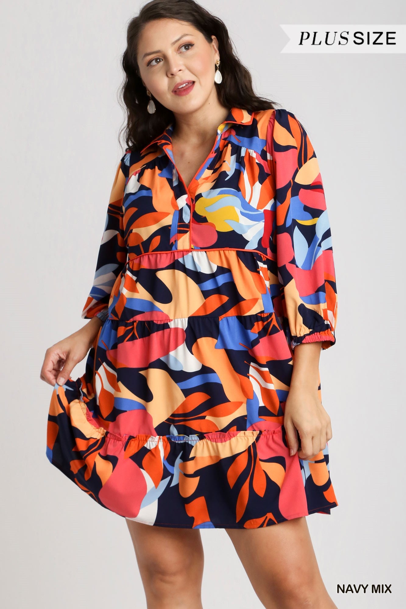 Umgee Plus Abstract Print Collared Contrast Piping Tiered Dress