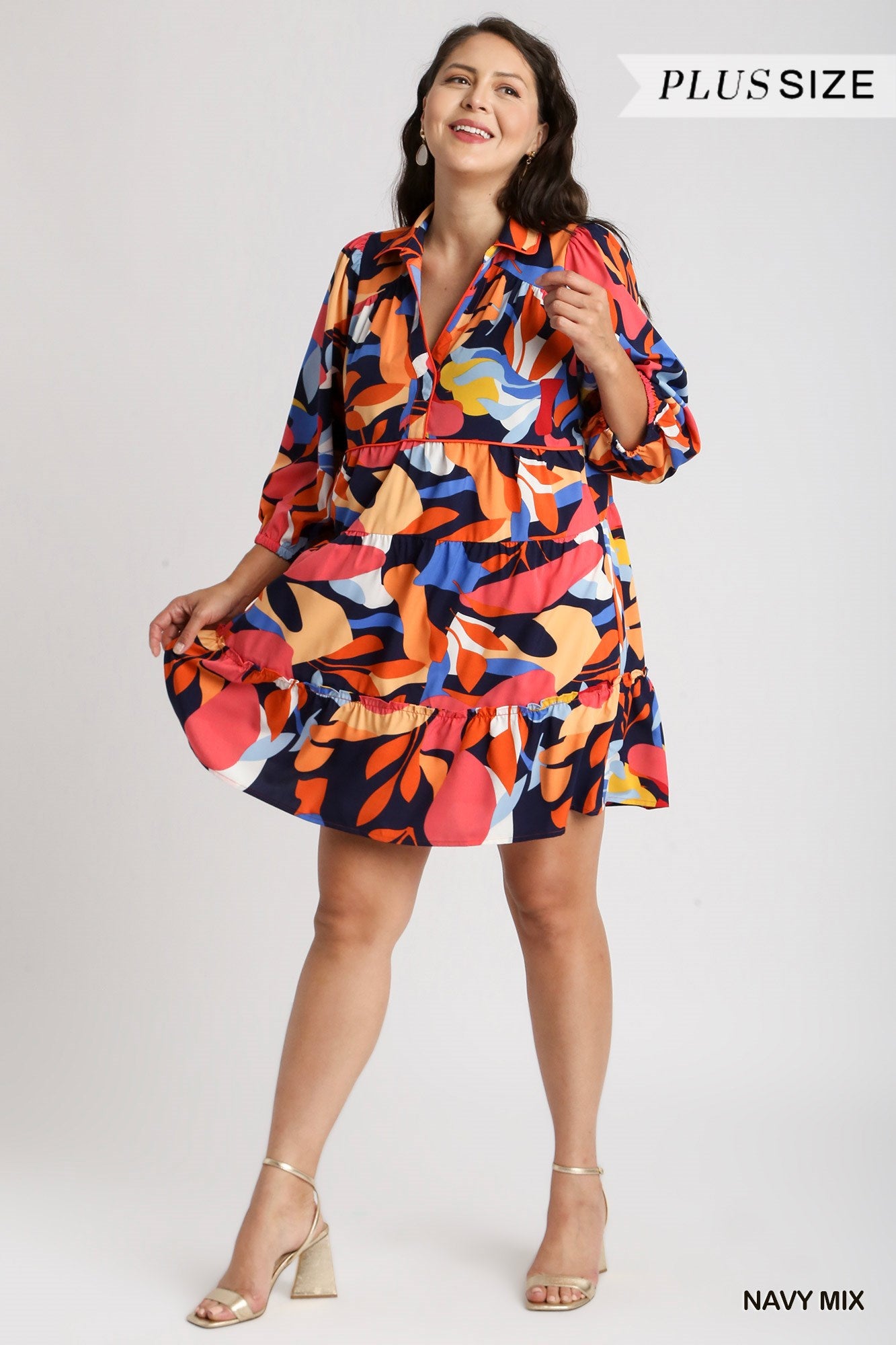 Umgee Plus Abstract Print Collared Contrast Piping Tiered Dress