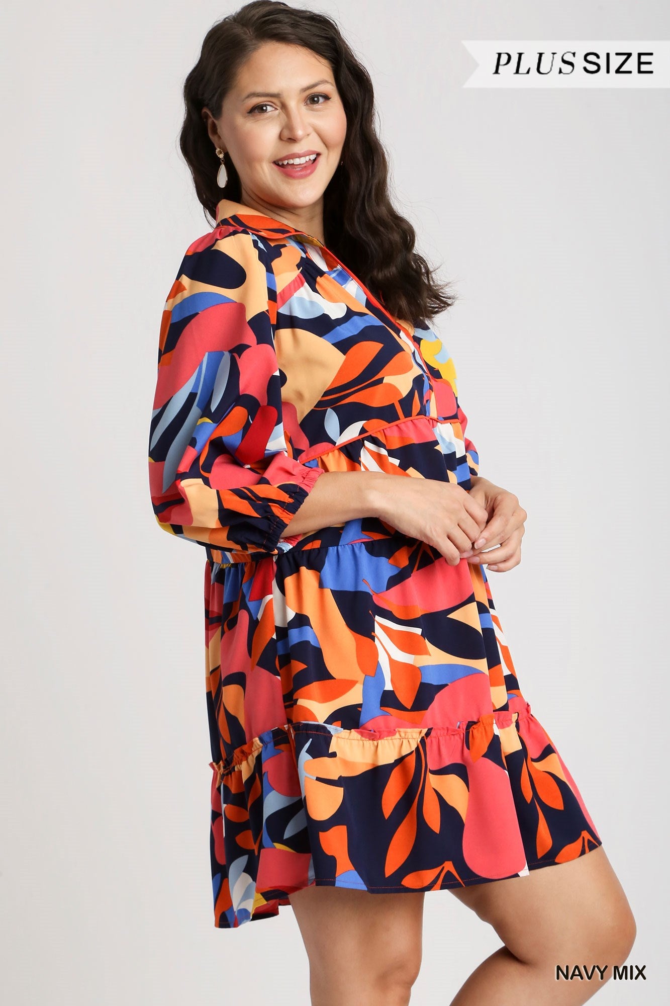Umgee Plus Abstract Print Collared Contrast Piping Tiered Dress