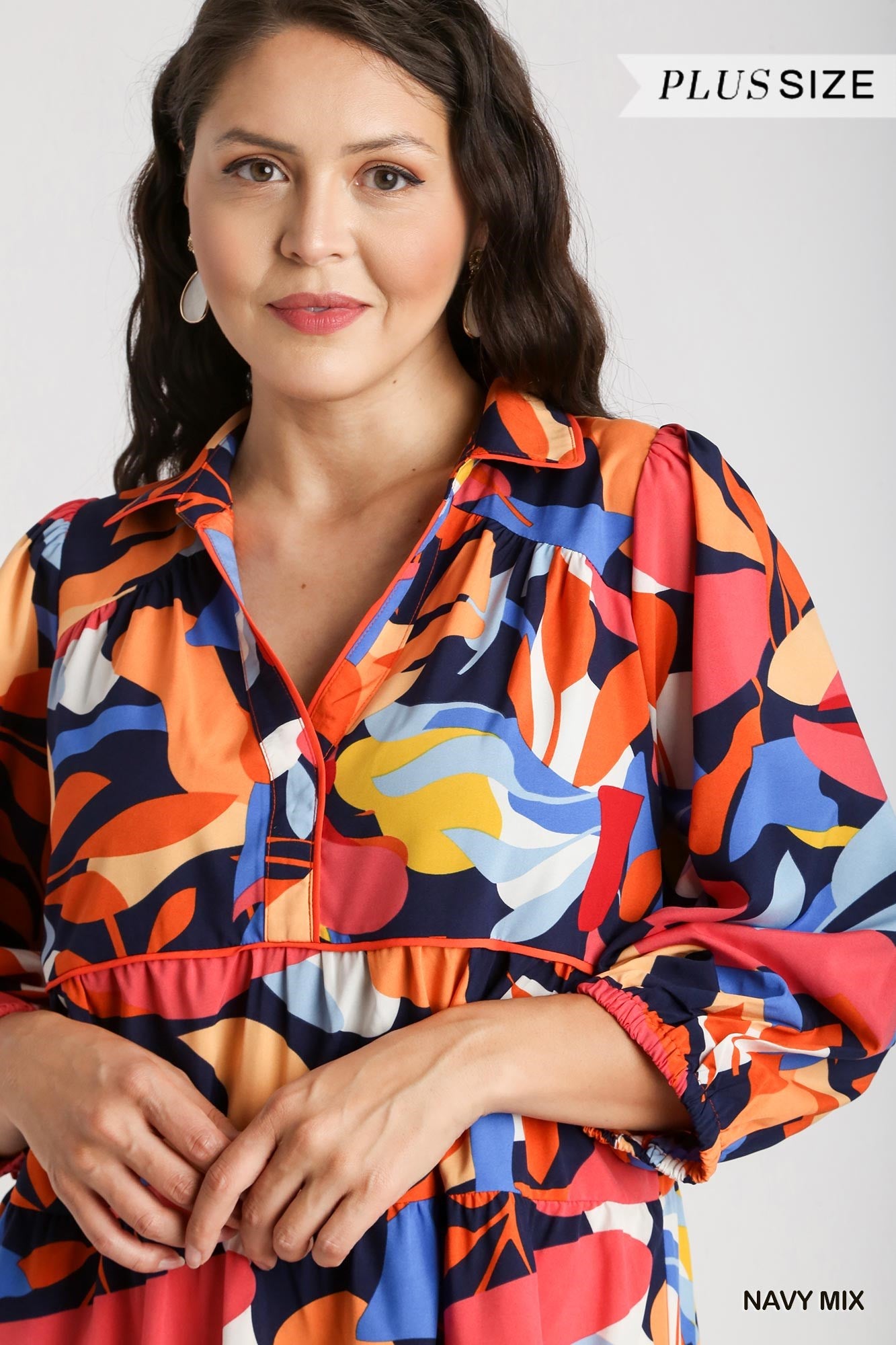 Umgee Plus Abstract Print Collared Contrast Piping Tiered Dress