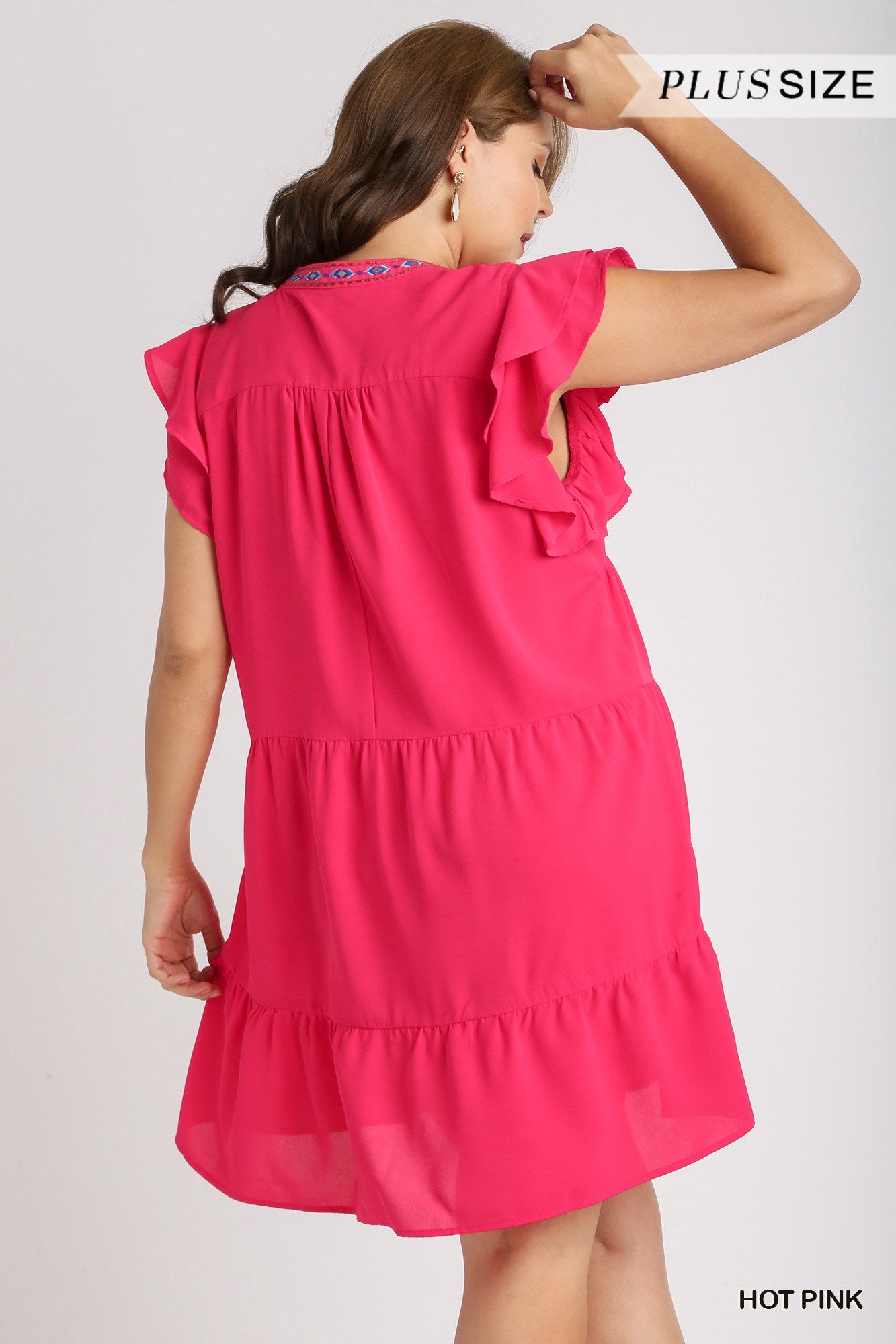 Umgee Plus Embroidery Split Neck Short Double Ruffle Sleeves Tiered Dress