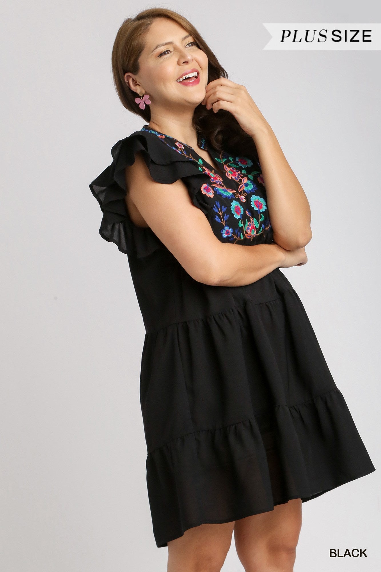 Umgee Plus Embroidery Split Neck Short Double Ruffle Sleeves Tiered Dress