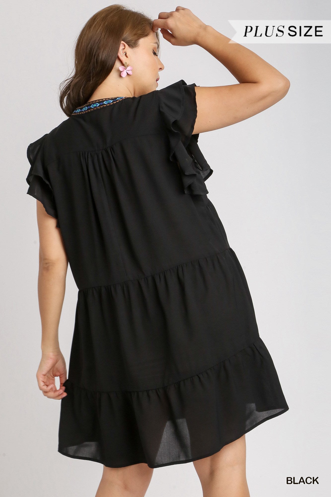 Umgee Plus Embroidery Split Neck Short Double Ruffle Sleeves Tiered Dress