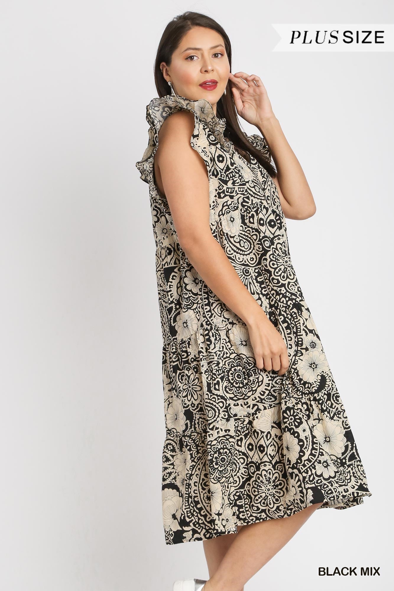 Umgee Plus Two Tone Paisley Print Collared Tiered Flutter Sleeves Midi Dress