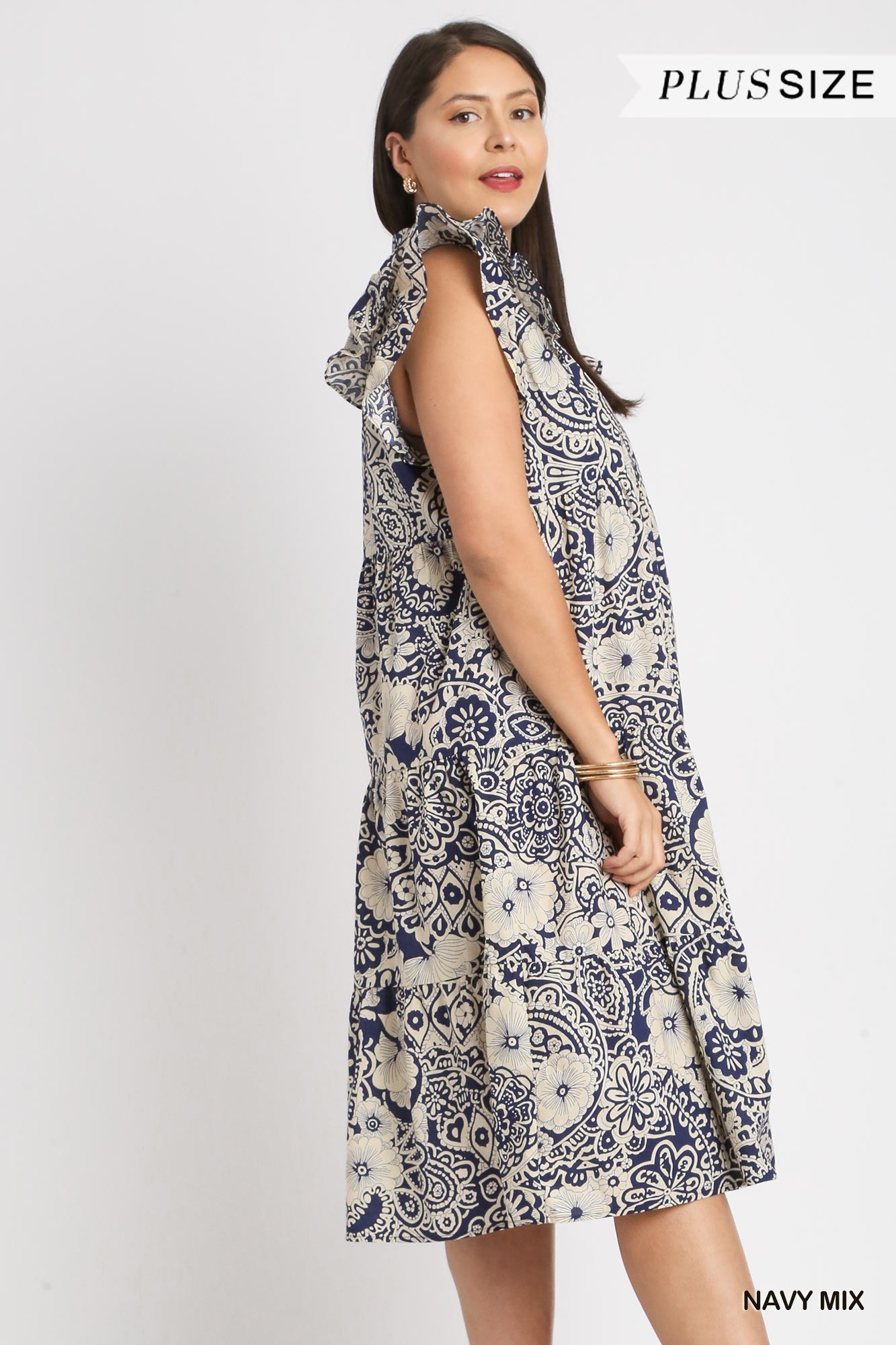 Umgee Plus Two Tone Paisley Print Collared Tiered Flutter Sleeves Midi Dress