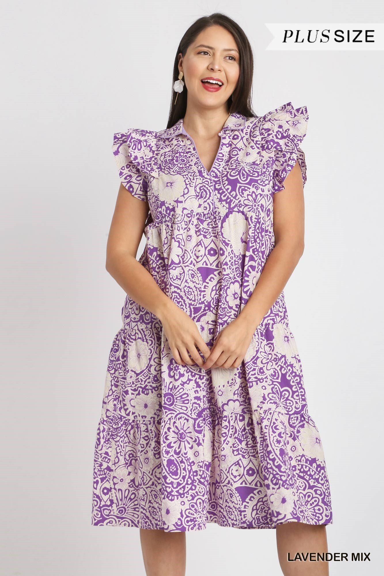 Umgee Plus Two Tone Paisley Print Collared Tiered Flutter Sleeves Midi Dress