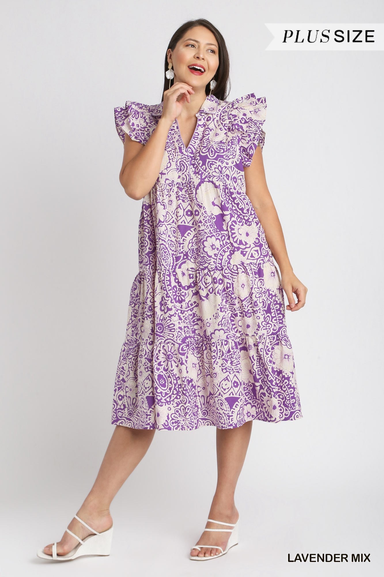 Umgee Plus Two Tone Paisley Print Collared Tiered Flutter Sleeves Midi Dress