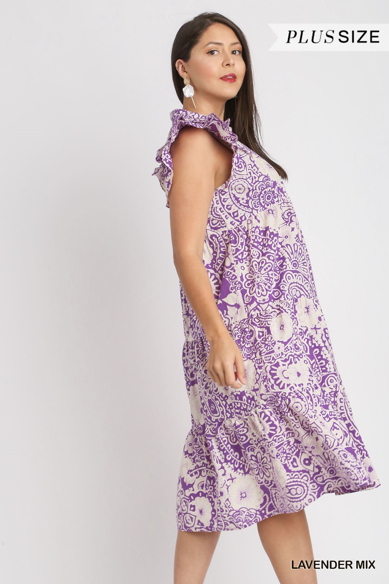 Umgee Plus Two Tone Paisley Print Collared Tiered Flutter Sleeves Midi Dress