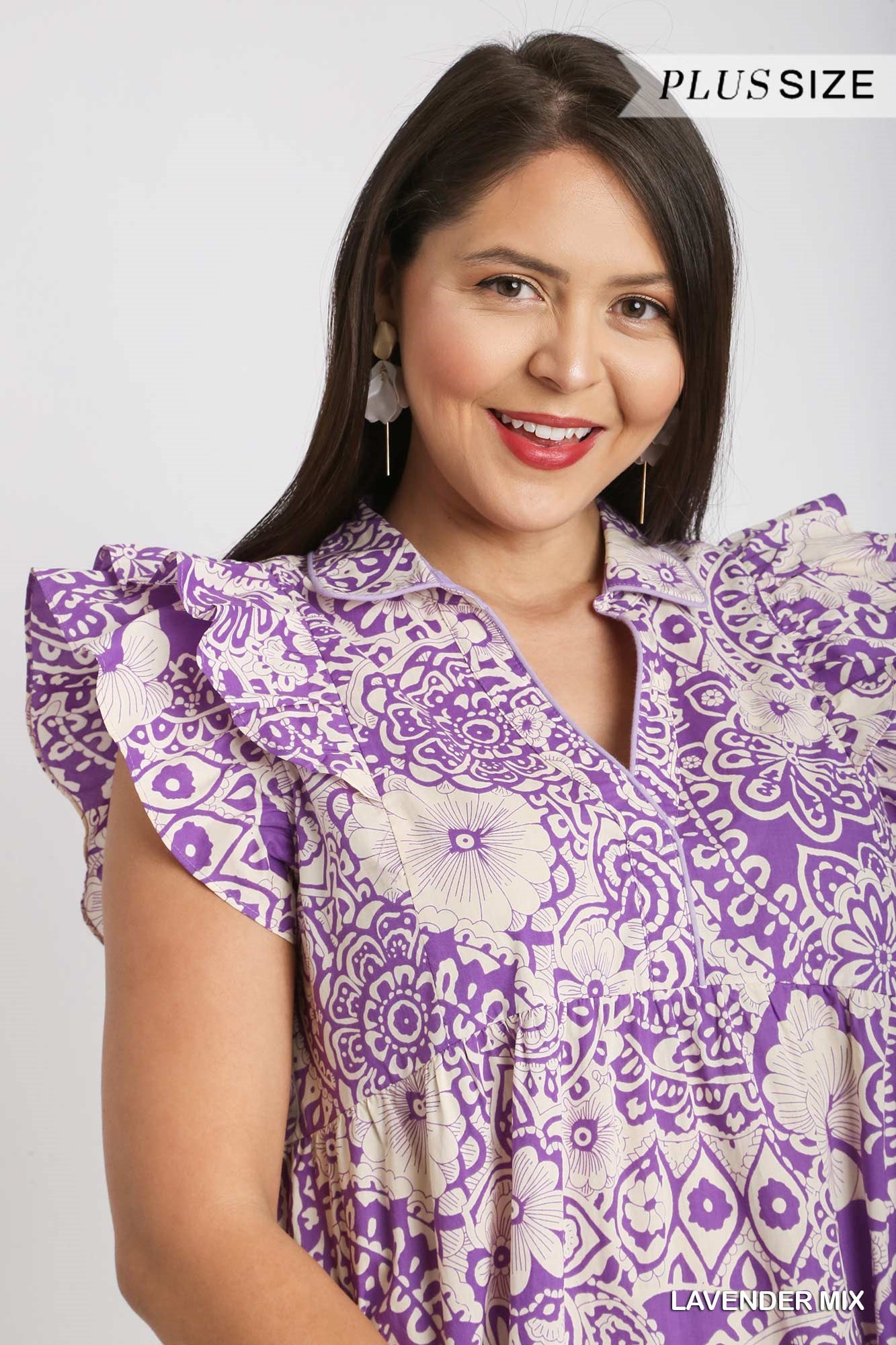 Umgee Plus Two Tone Paisley Print Collared Tiered Flutter Sleeves Midi Dress