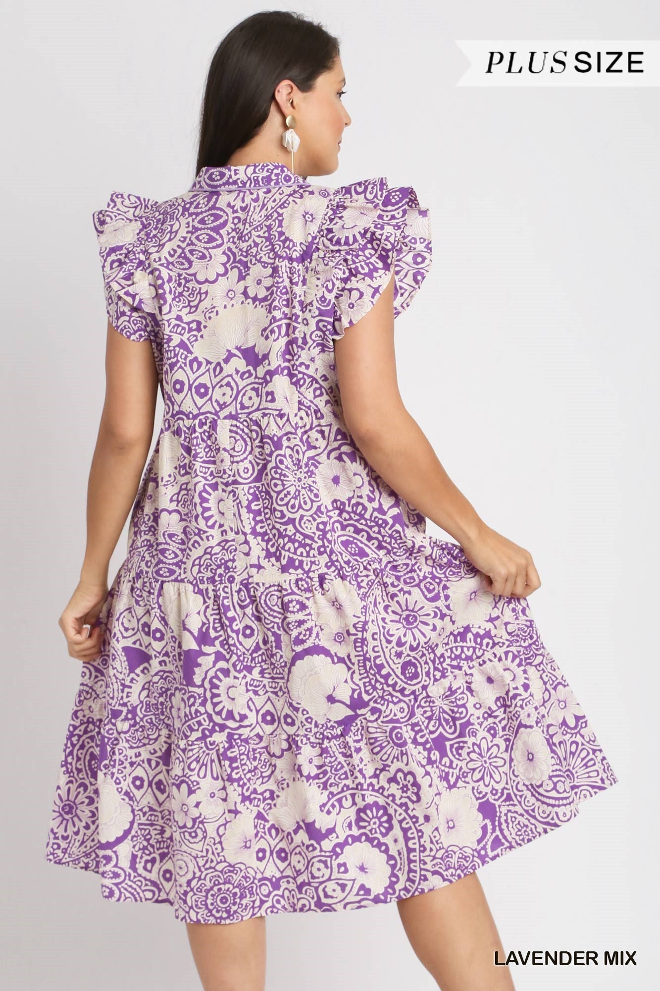 Umgee Plus Two Tone Paisley Print Collared Tiered Flutter Sleeves Midi Dress