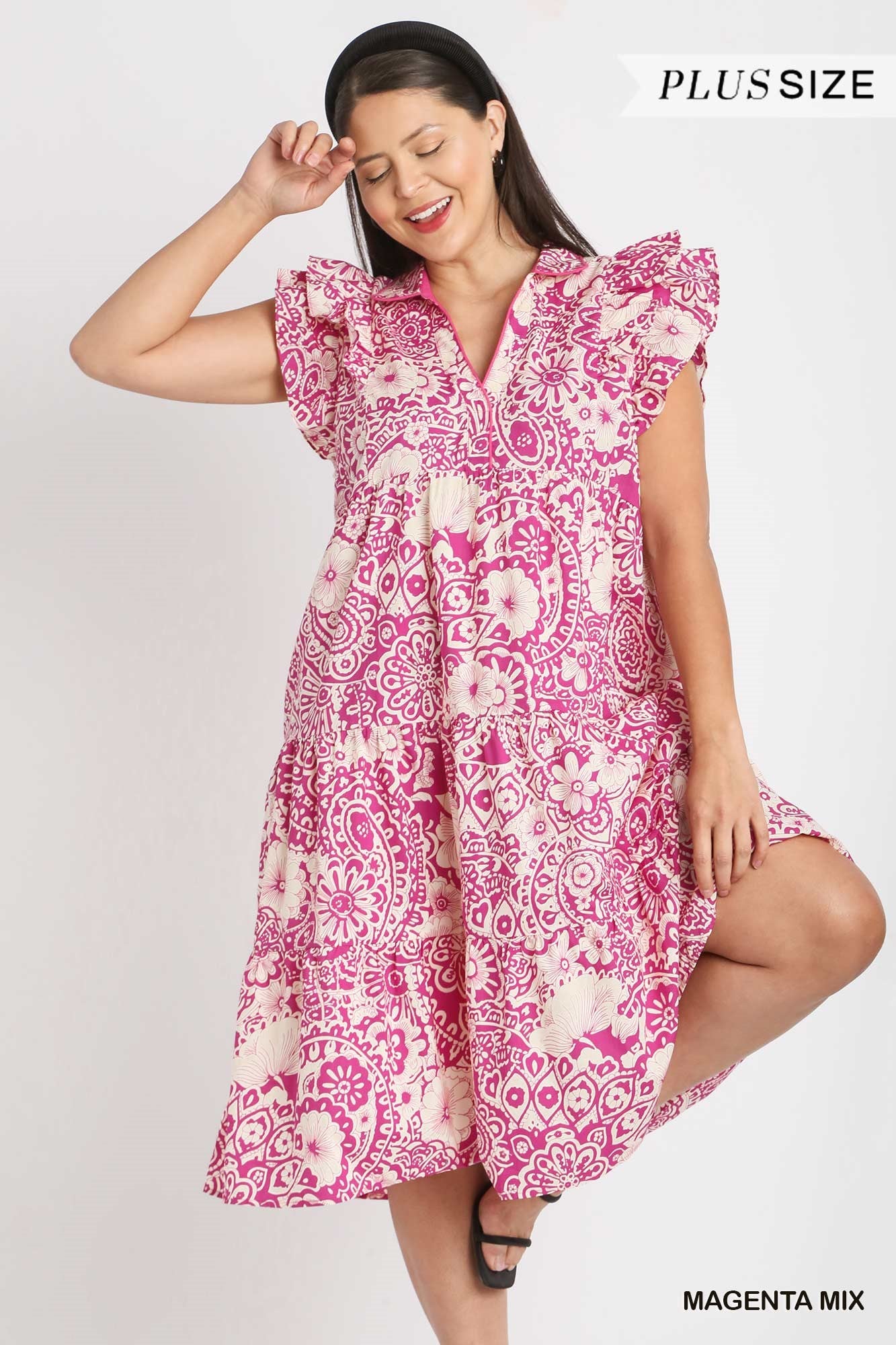 Umgee Plus Two Tone Paisley Print Collared Tiered Flutter Sleeves Midi Dress