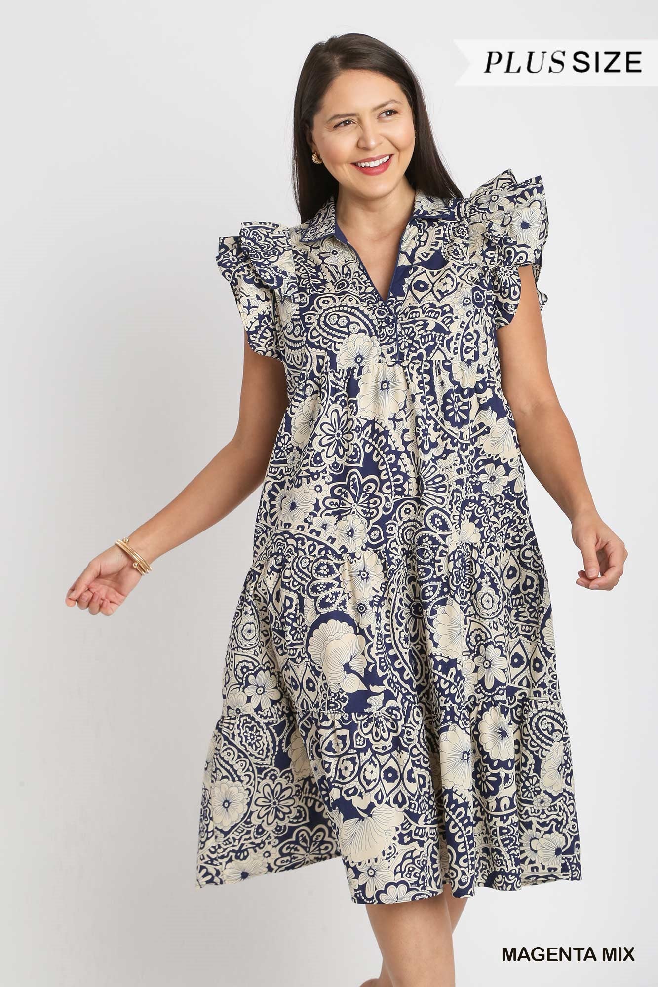 Umgee Plus Two Tone Paisley Print Collared Tiered Flutter Sleeves Midi Dress