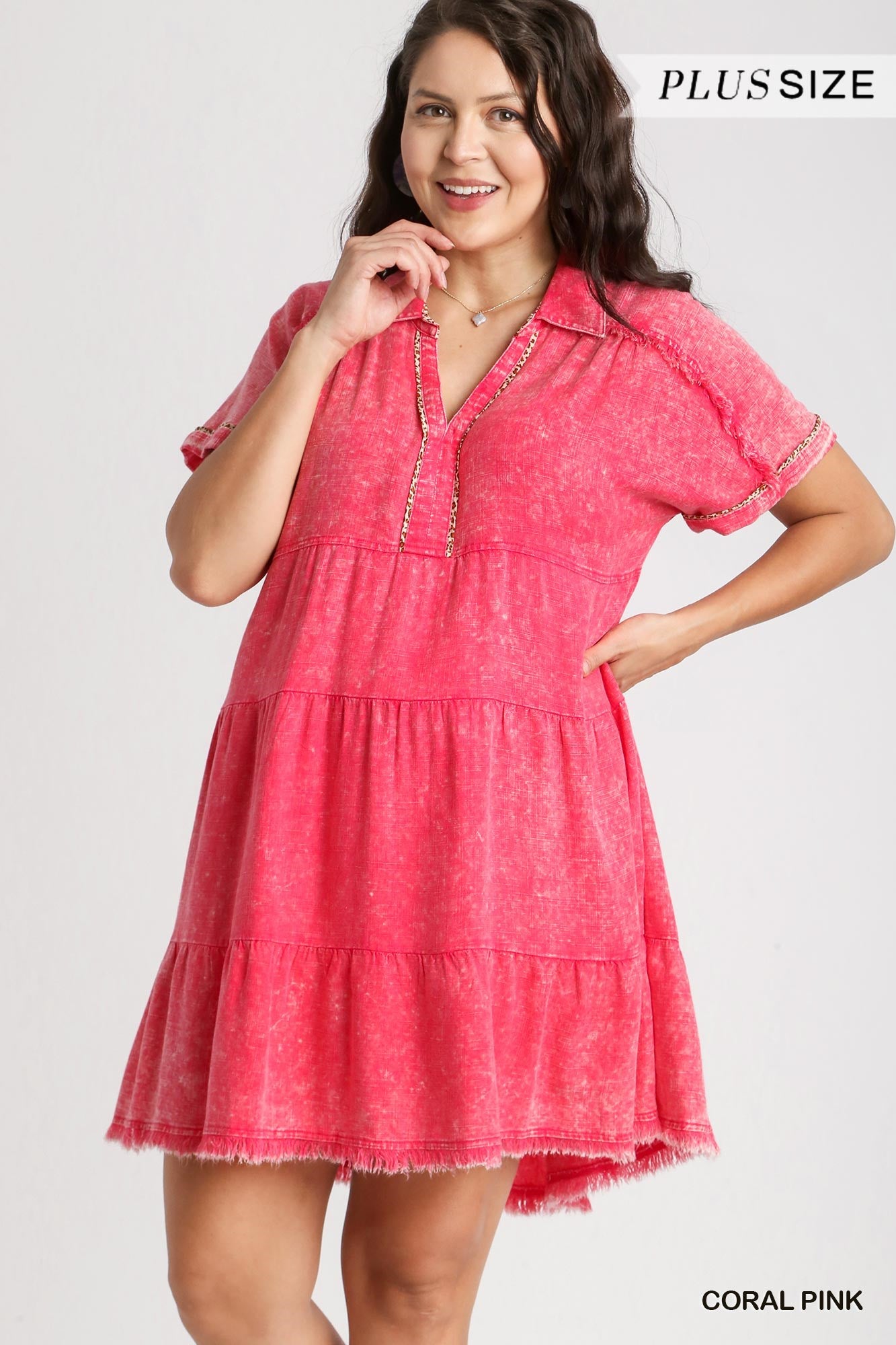 Umgee Plus Mineral Wash with Contrast Tiered Frayed Hem Dress