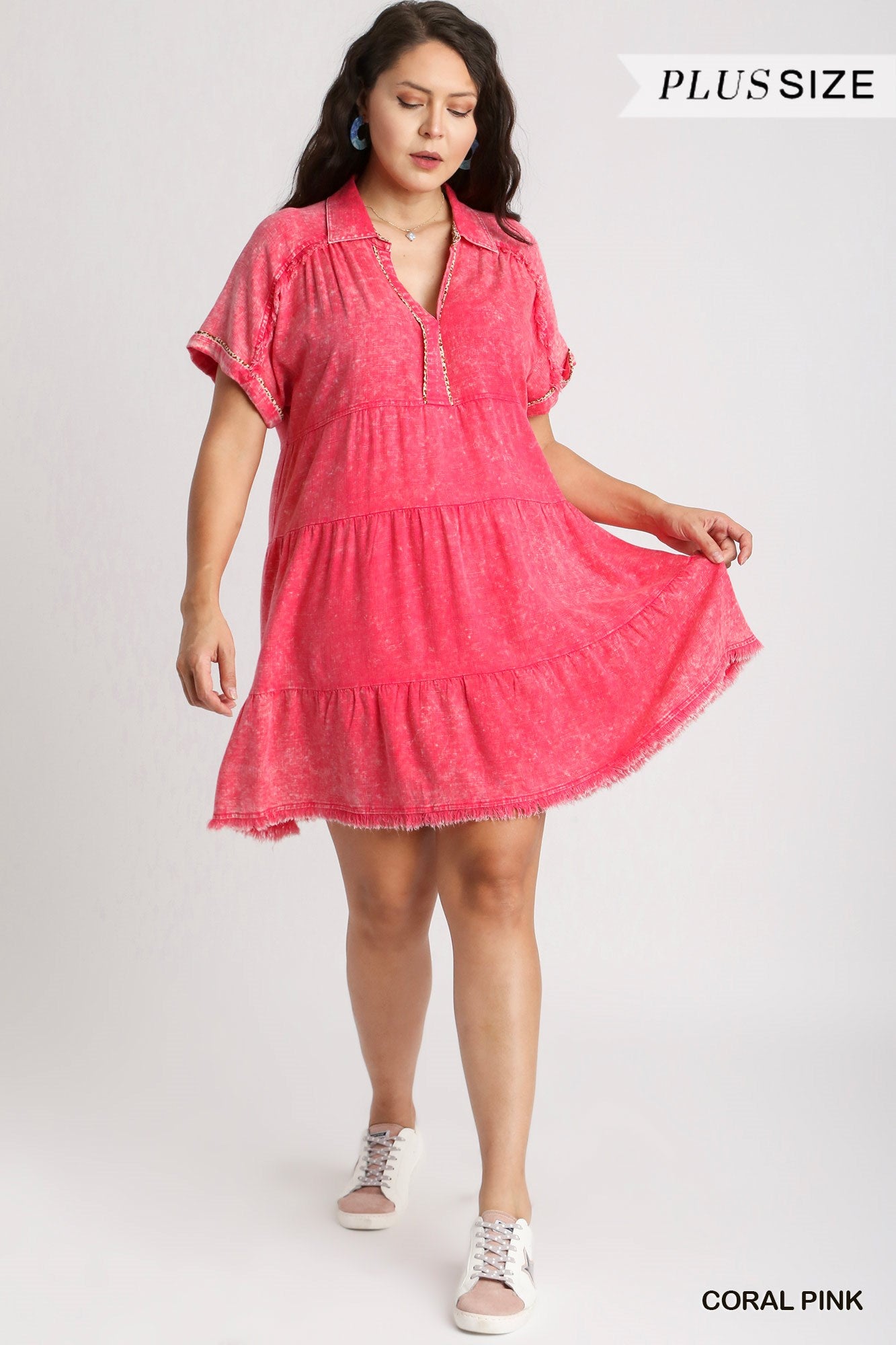 Umgee Plus Mineral Wash with Contrast Tiered Frayed Hem Dress