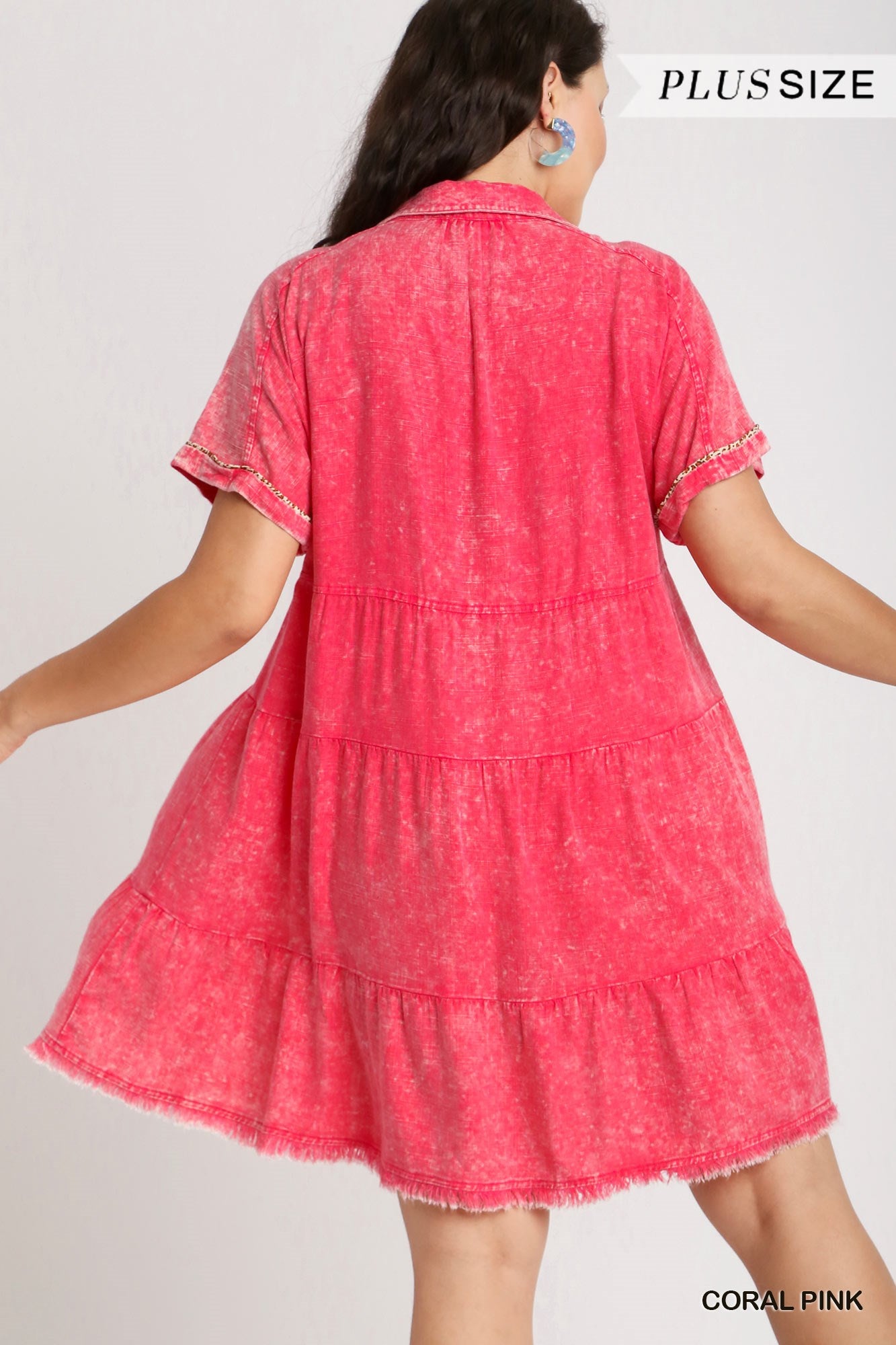 Umgee Plus Mineral Wash with Contrast Tiered Frayed Hem Dress