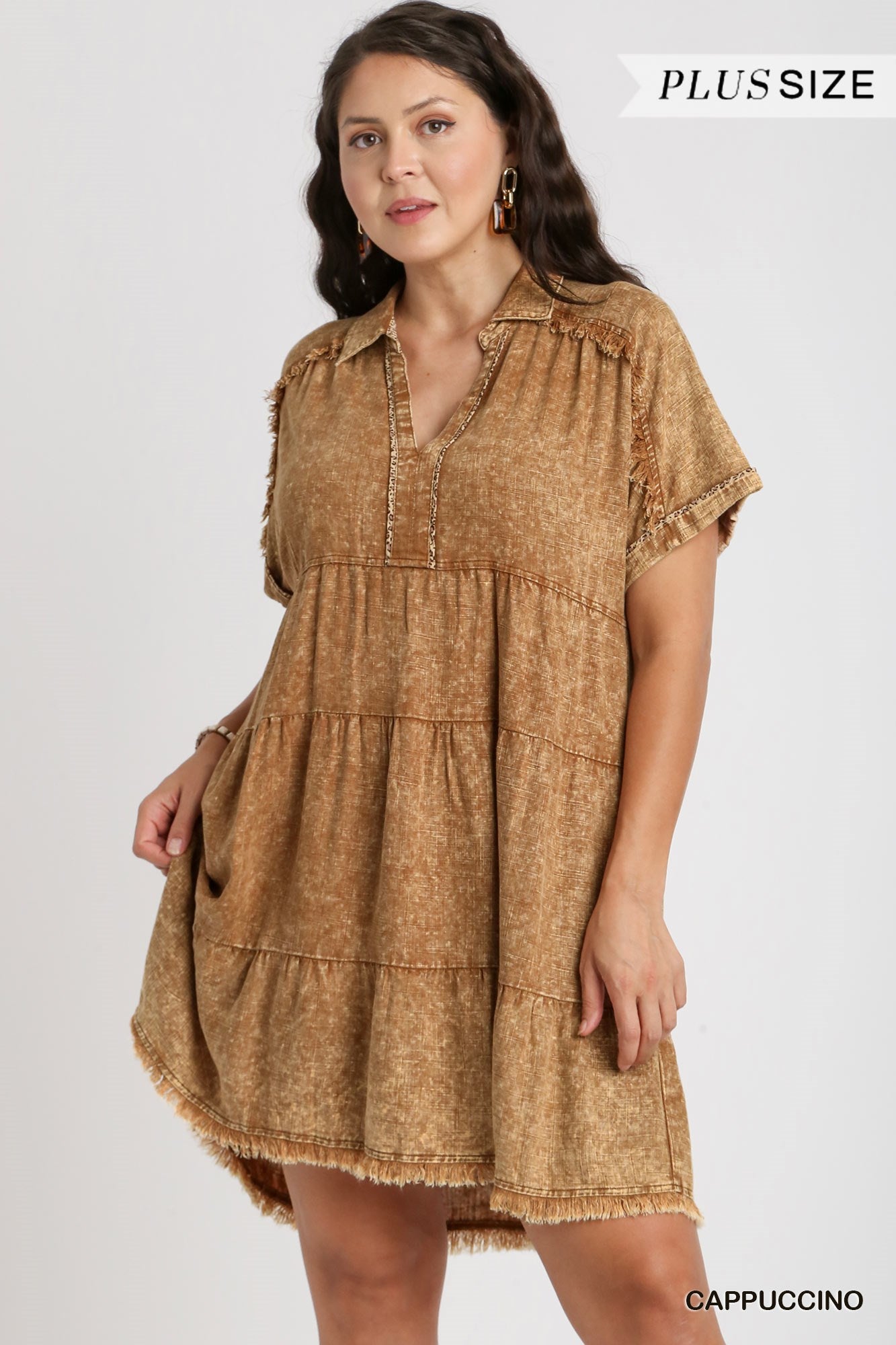 Umgee Plus Mineral Wash with Contrast Tiered Frayed Hem Dress