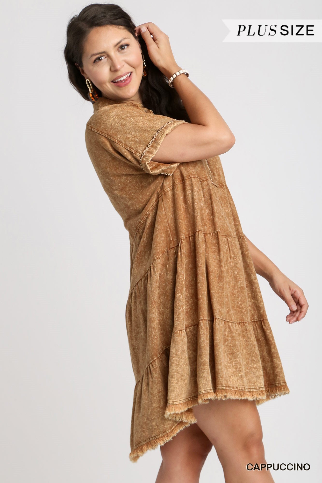 Umgee Plus Mineral Wash with Contrast Tiered Frayed Hem Dress