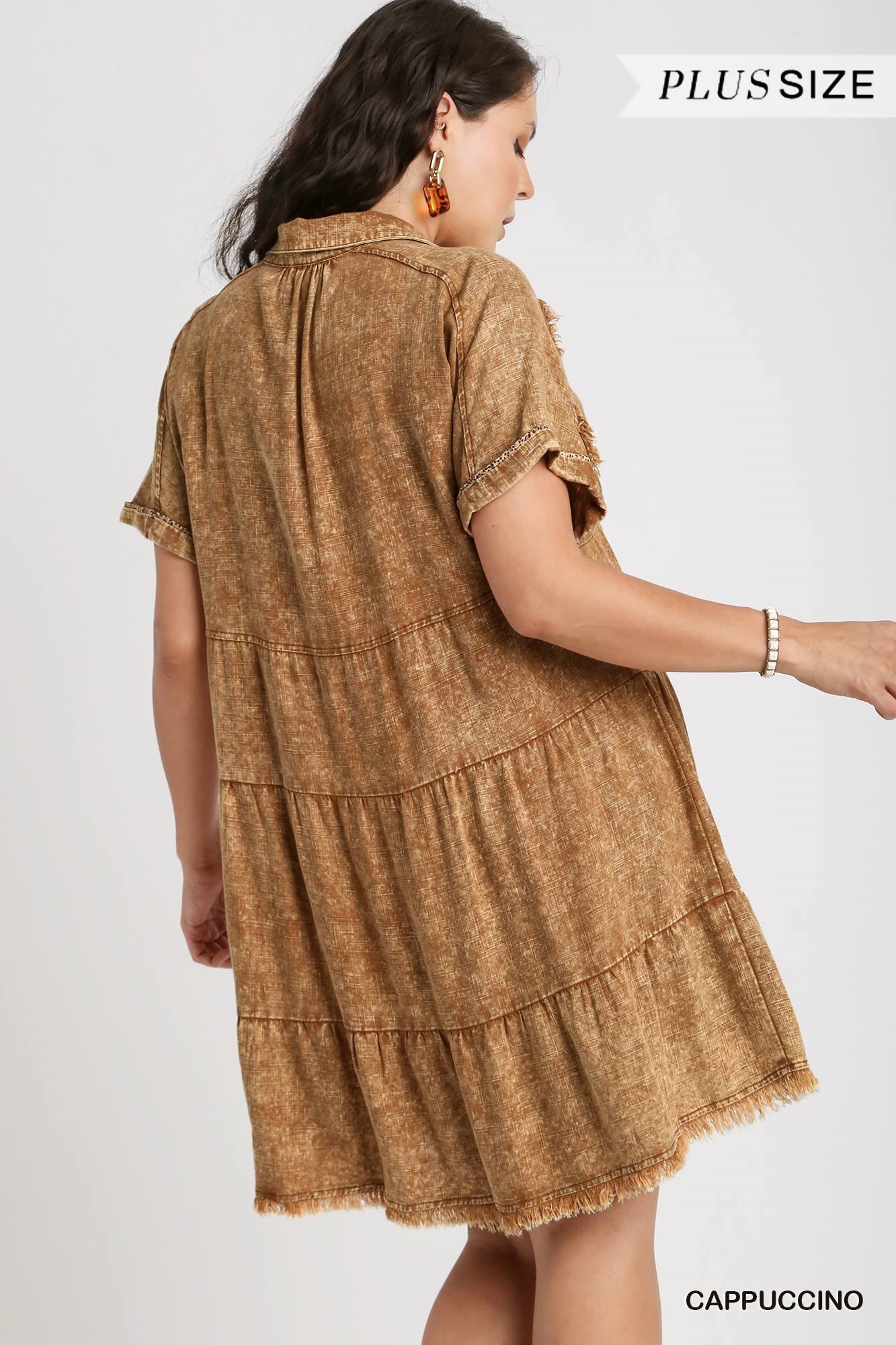 Umgee Plus Mineral Wash with Contrast Tiered Frayed Hem Dress