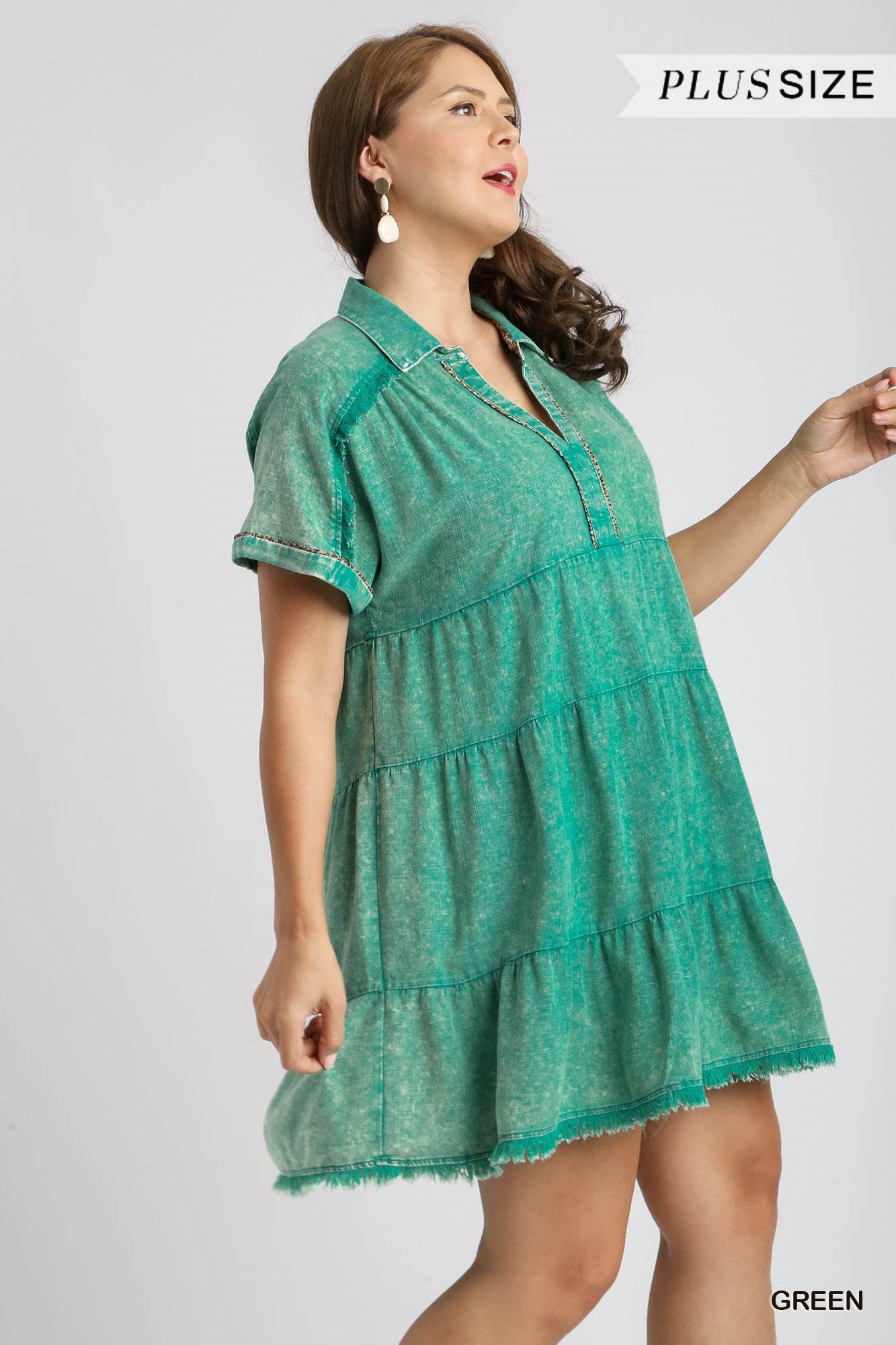 Umgee Plus Mineral Wash with Contrast Tiered Frayed Hem Dress