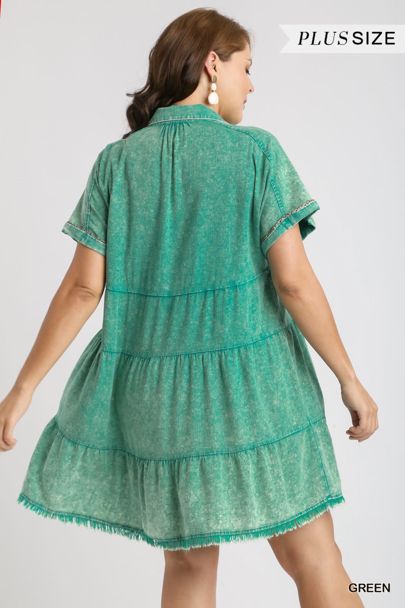 Umgee Plus Mineral Wash with Contrast Tiered Frayed Hem Dress
