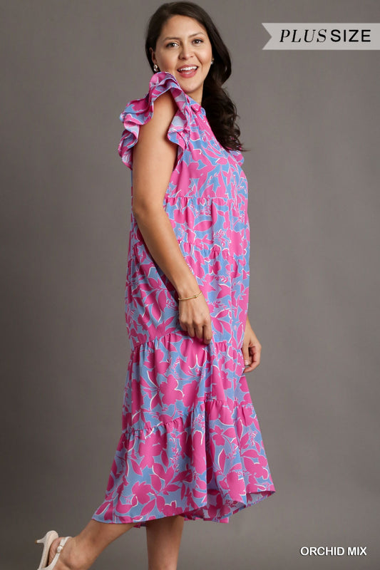 Umgee Plus Two Tone A-Line Floral Print Collared Tiered Ruffle Sleeves Dress