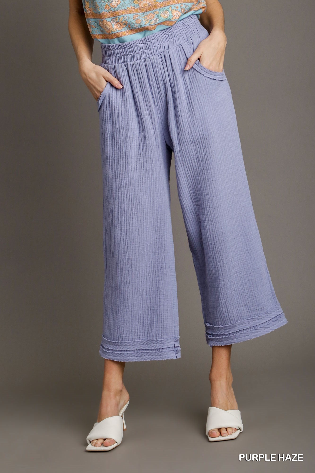 Umgee Cotton Gauze Elastic Wide Leg Ankle Raw Edge Tape Pants