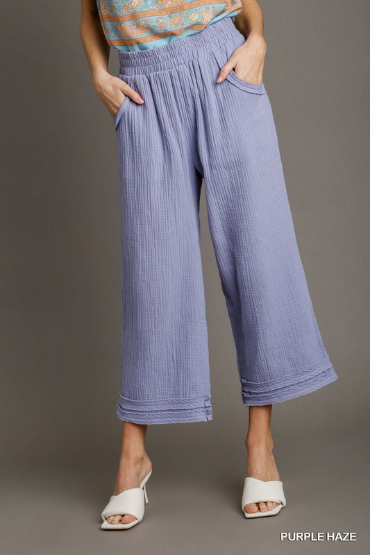 Umgee Cotton Gauze Elastic Wide Leg Ankle Raw Edge Tape Pants