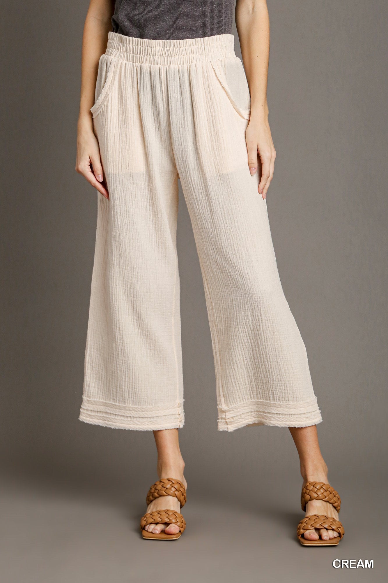 Umgee Cotton Gauze Elastic Wide Leg Ankle Raw Edge Tape Pants