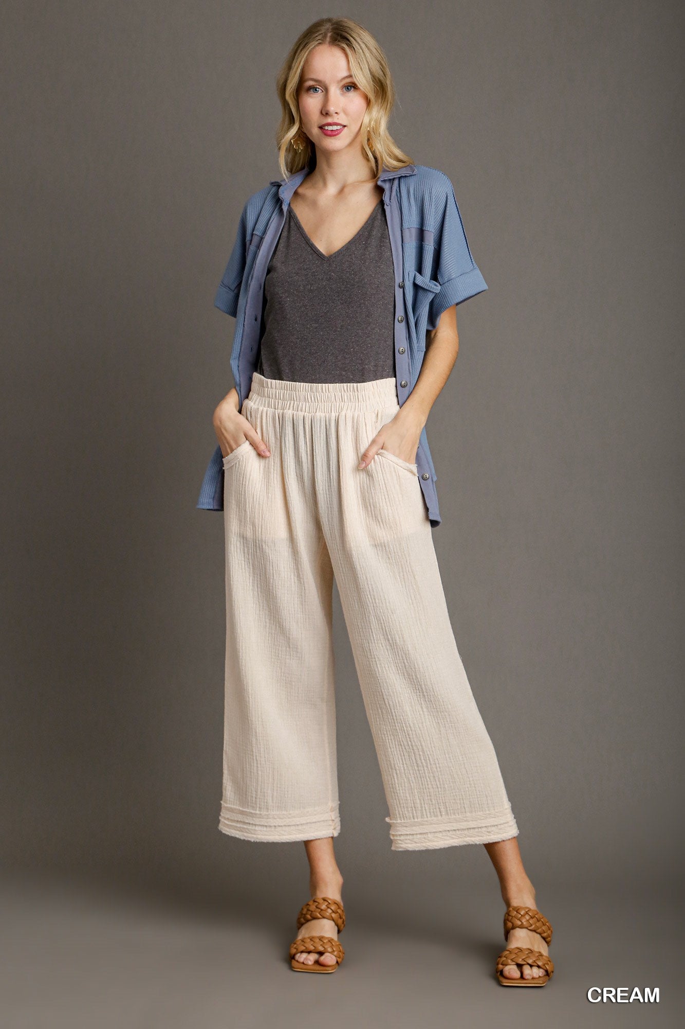 Umgee Cotton Gauze Elastic Wide Leg Ankle Raw Edge Tape Pants